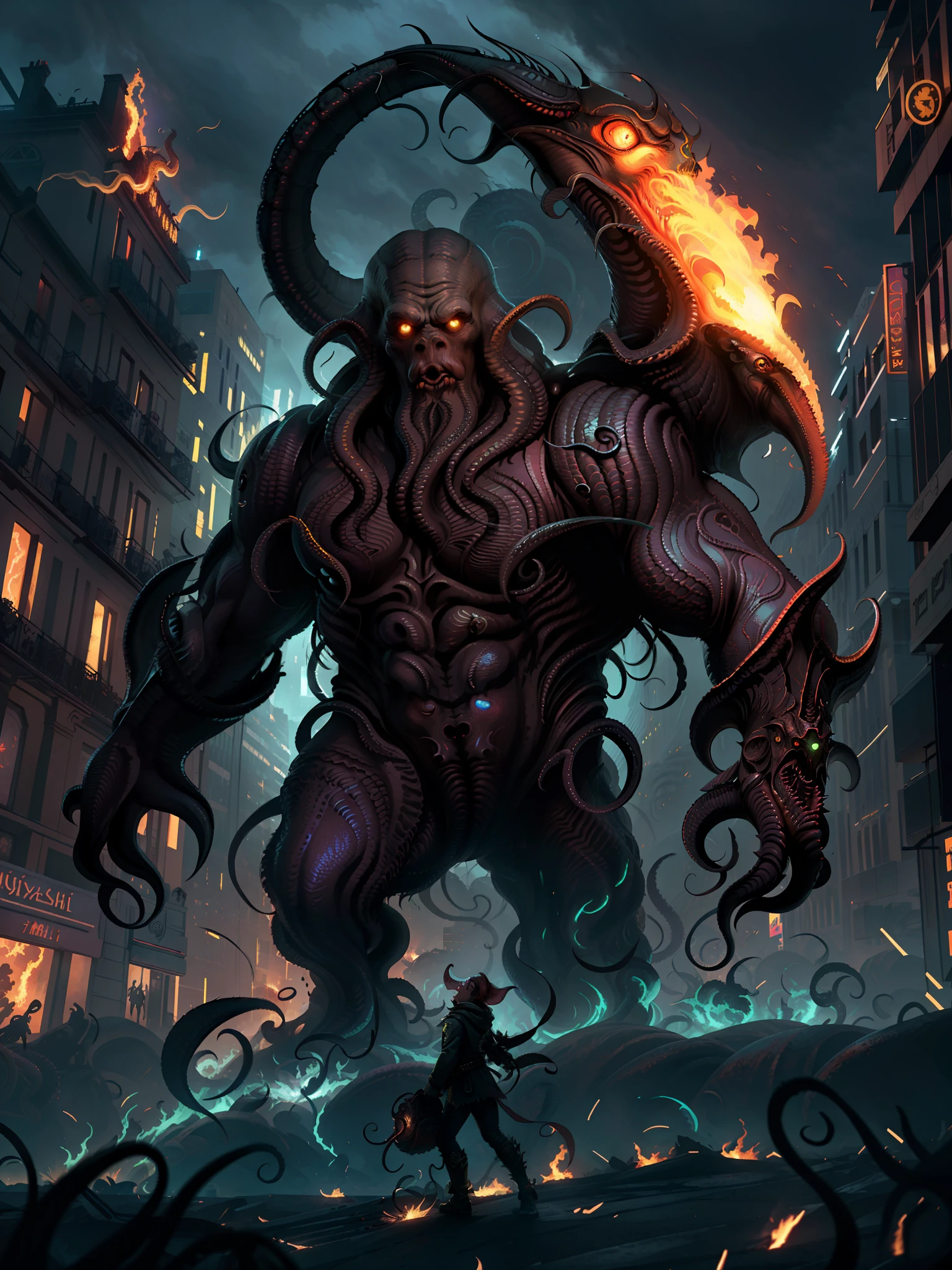 masterpiece, best quality,illustration, (Cthulhu), shape man invading city, fire, (battle scene:1.2), many people, huge machines, tentacles, fear, night scene,game cg, extremely detailed cg unity 8k wallpaper, cityscape, glowing light, motion blur, monster, orc, goblin, looking up