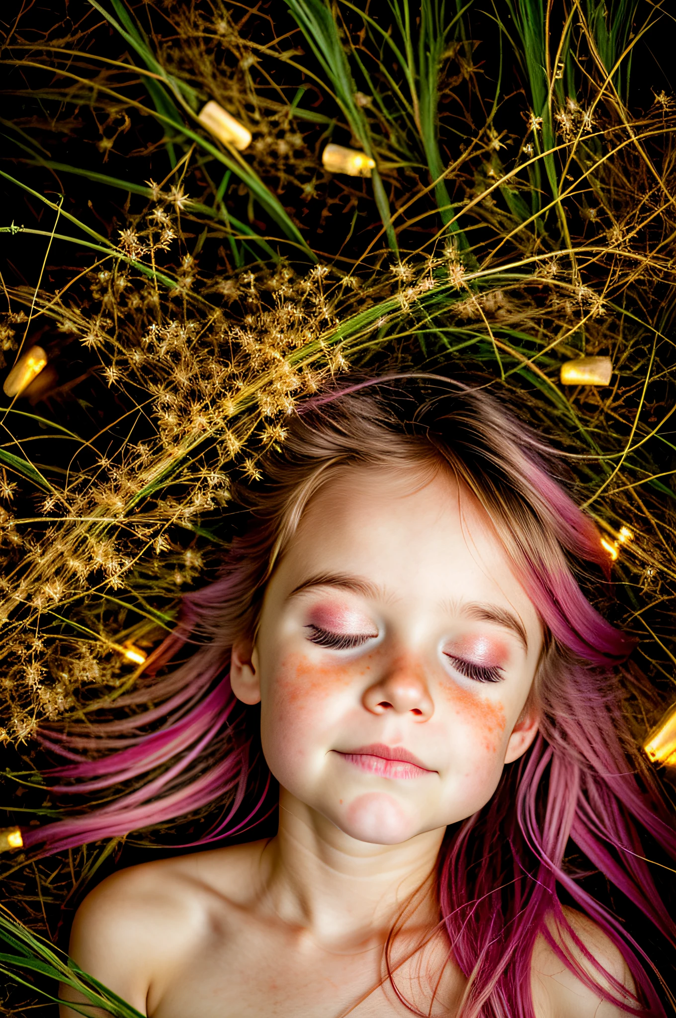 irish precious girl sleeping in cornfield with alien, nighttime, fireflies, closeup, cottoncandy, style of sally mann in color