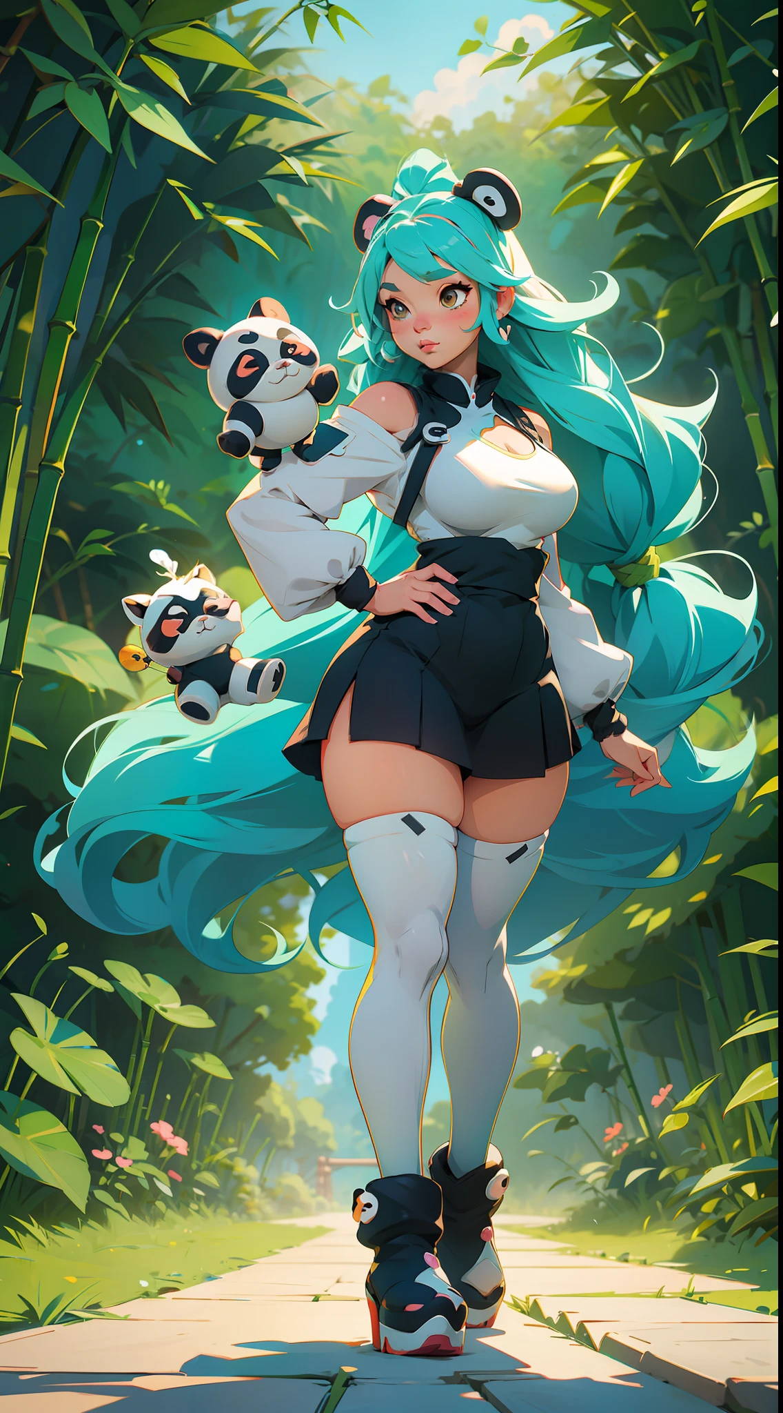 Anime waifu panda, wearing ultra-cute and fluffy plush clothes along with big boots to complete her overall aesthetic, showing off her perfect body with huge breasts in a beautiful garden setting full of lush bamboo foliage.