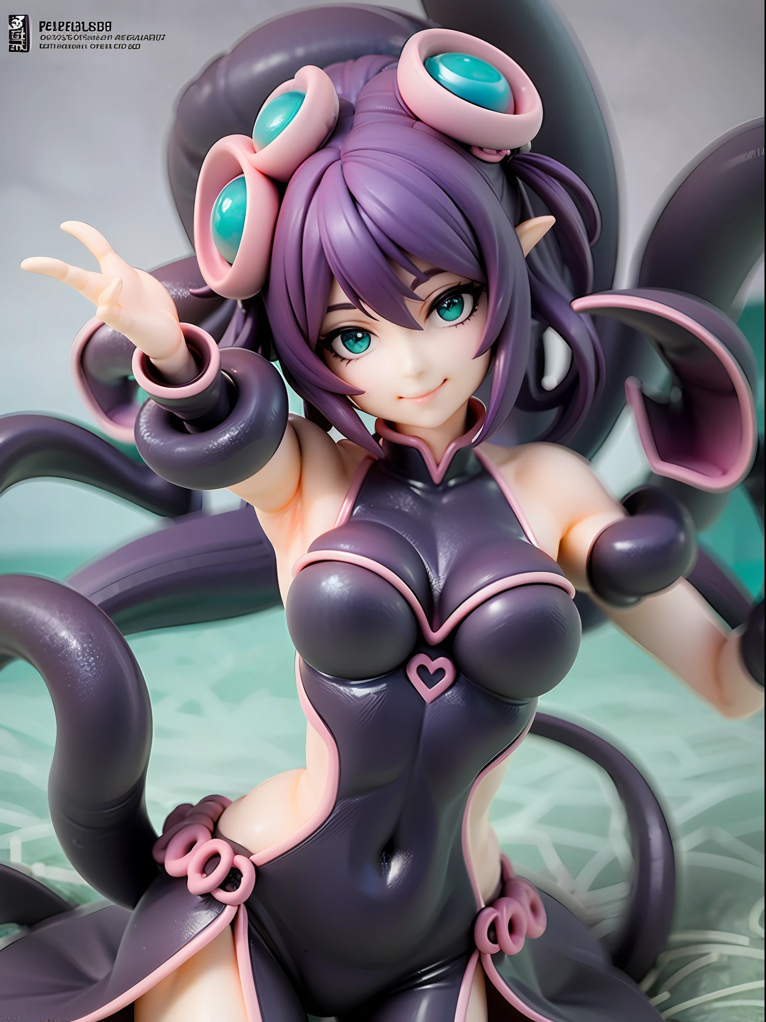 girl with octopus tentacles, short purple hair, beautiful emerald green eyes, closed mouth, exciting pose, smile, full body, unique costume with tentacles, looking forward, deep sea background, black and purple theme, playful and cheerful expression, black and purple costume with tentacles, lively design,