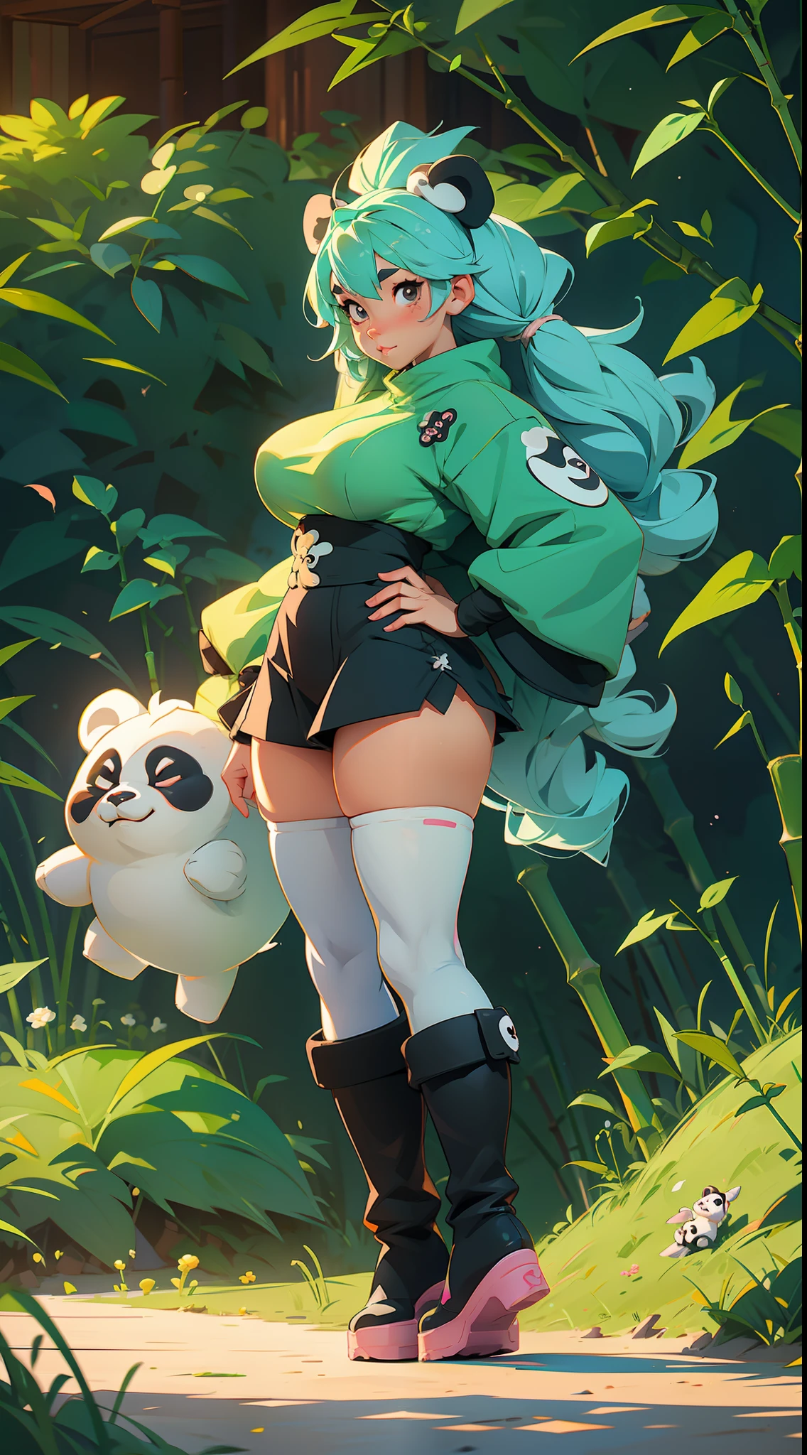 Anime waifu panda, wearing ultra-cute and fluffy plush clothes along with big boots to complete her overall aesthetic, showing off her perfect body with huge breasts in a beautiful garden setting full of lush bamboo foliage.