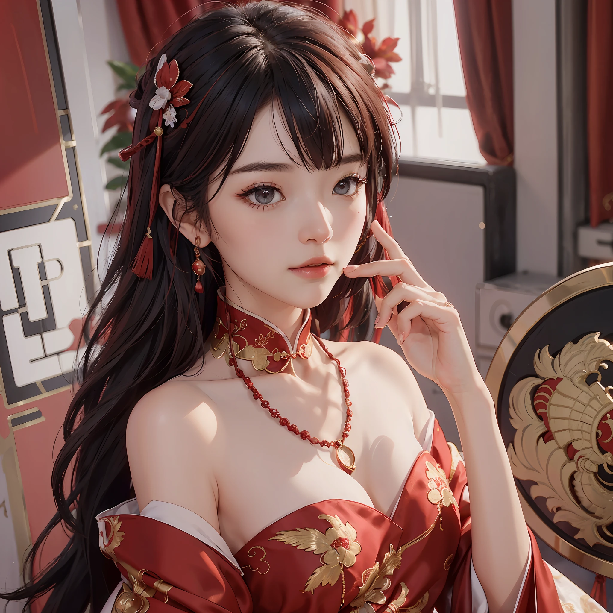 (A Chinese bride), (wearing a gorgeous Chinese red wedding dress), (Chinese style elements: 1.4), (shy, tender, beautiful face, fair skin, bright eyes, elegant eyebrows, happiness and expectation, rosy lip color, soft face), (red clothing: 1.4), (wearing exquisite jewelry, rings, necklaces)), clothes embroidered with phoenix motifs, (embroidery), full body red robe, purity, romance, (Full body shot: 1.5), (body curve), Pleated decoration, (cinematic quality), (Best quality: 1.2), (Realism: 1.4), (Indoor), Photo quality, ((octane rendering)), Close-up, Photographic lighting, (Red theme: 1.4),