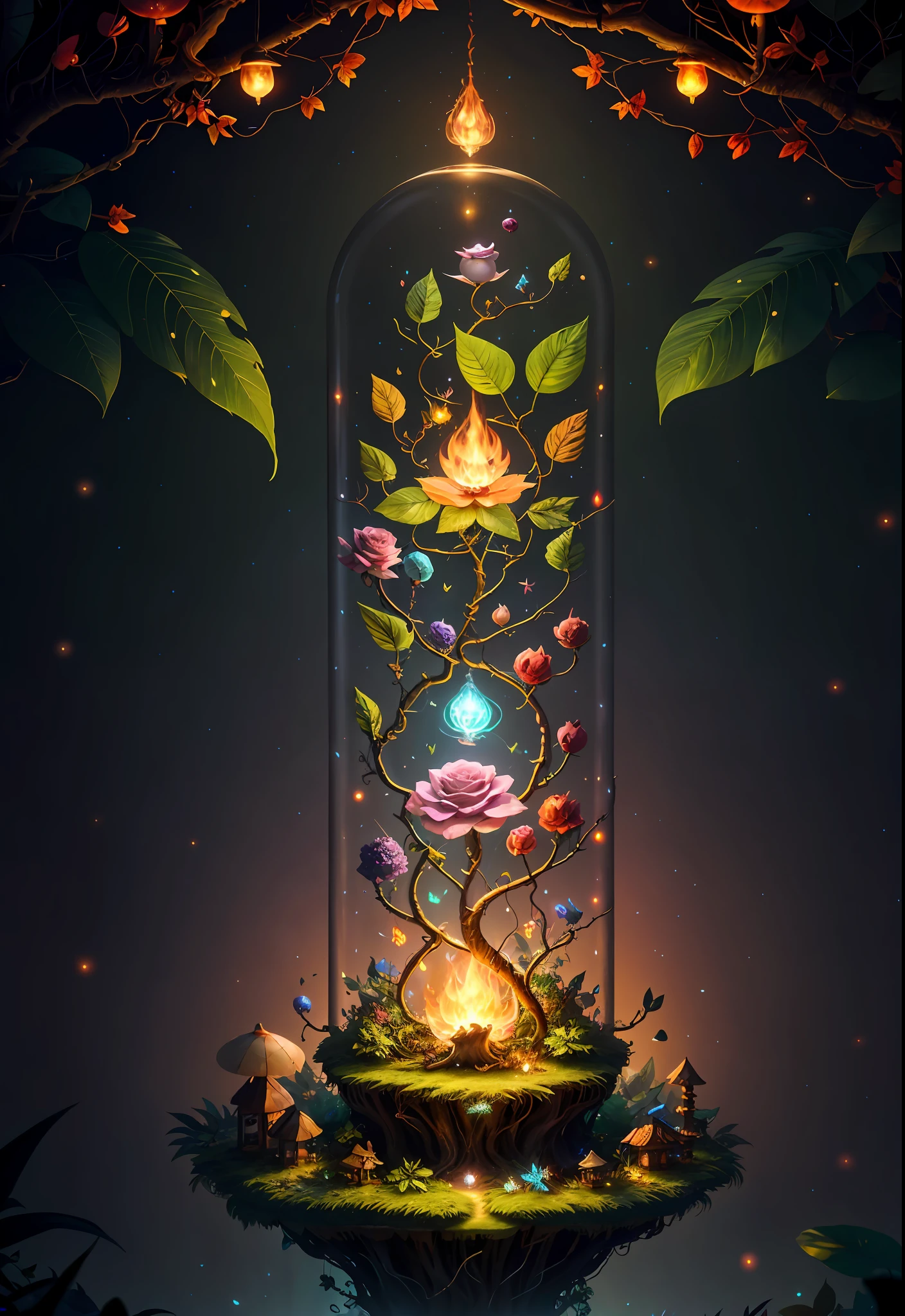 Fantasy in a glass, "ethereal roses, cute animals, glowing little mushrooms surrounded by delicate leaves and branches, and fireflies and glowing particle effects", (natural elements), (jungle theme), (leaves), (branches), (fireflies), butterflies, (delicate leaves), (glow), (particle effects), super realistic, super detailed, dramatic lightning, 4k, masterpiece,