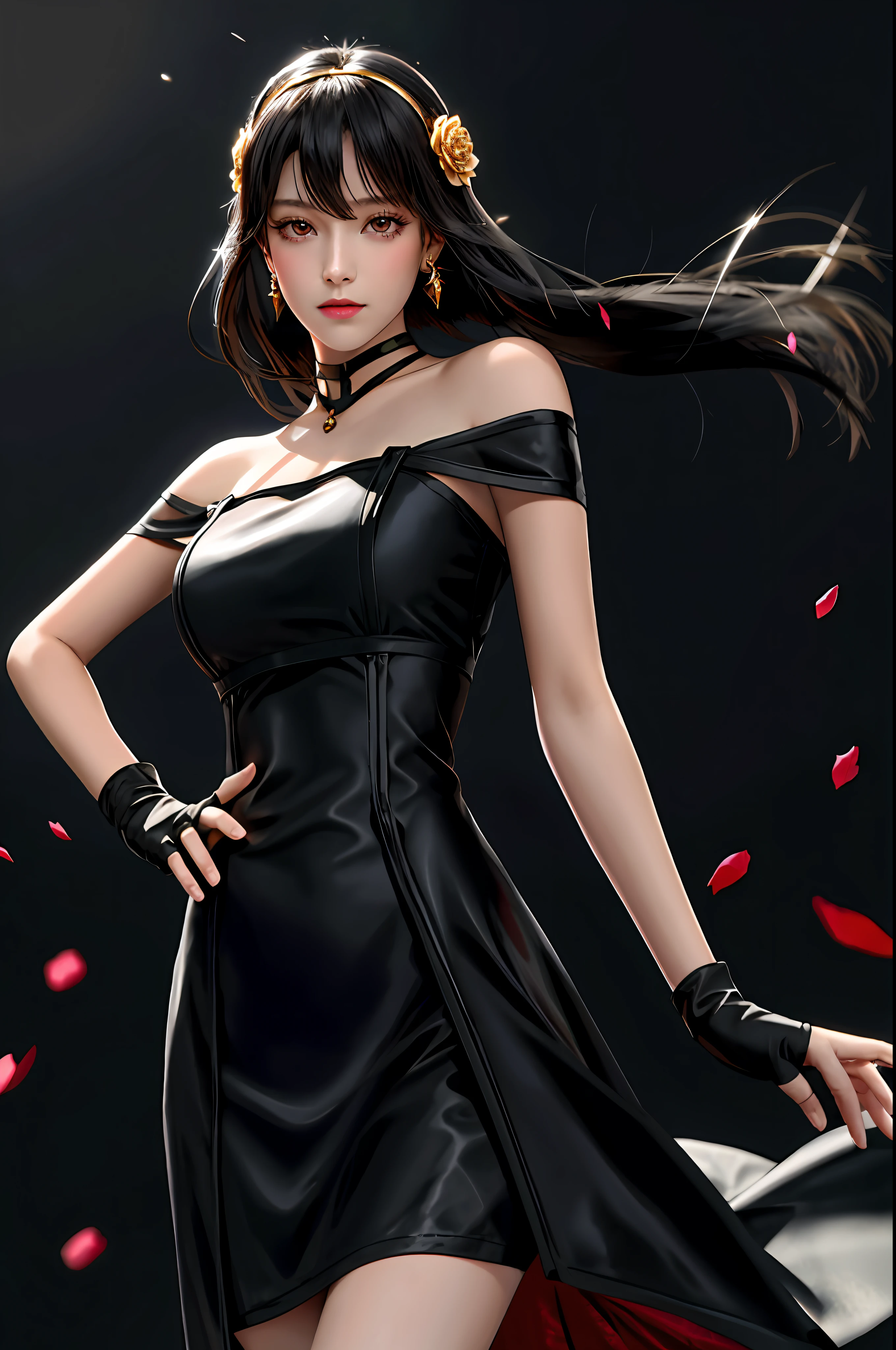 yor briar, (photorealistic), beautiful girl,
backlighting, bare shoulders, black background, black dress, black gloves, black hair, breasts, closed mouth, cowboy shot, dress, earrings, expressionless, fingerless gloves, floating hair, gloves, gold earrings, gold hairband, hair flower, hair ornament, hairband, jewelry, large breasts, light particles, long hair, looking at viewer, off-shoulder dress, off shoulder, petals, red eyes, short hair with long locks, sidelocks, solo, spikes, thighs, two-sided dress, two-sided fabric
, ((masterpiece))