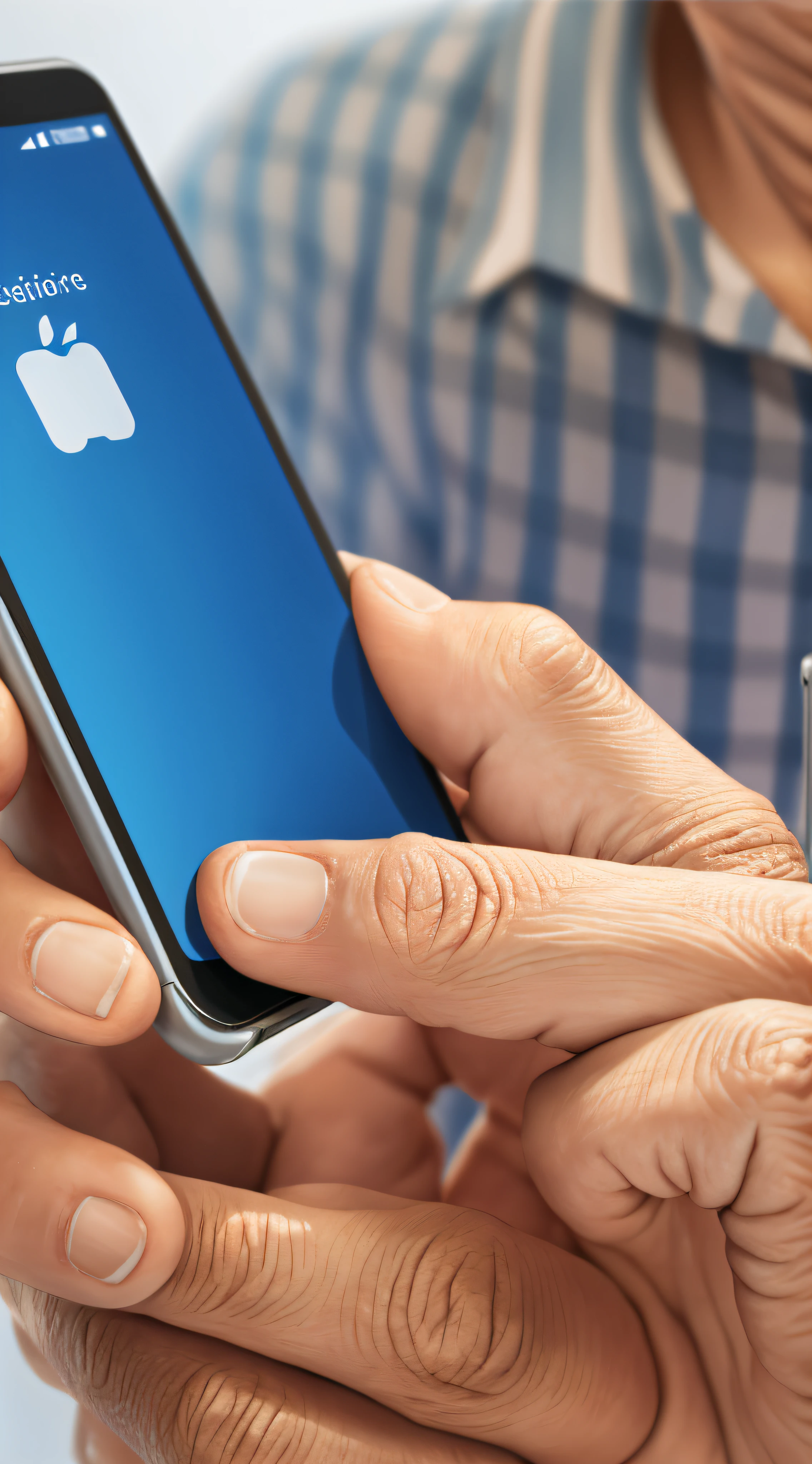 Close-up of holding phone, 5 with fingers, perfect angle, perspective, solid color background, delicate, elderly hands, broadband repair --auto --s2