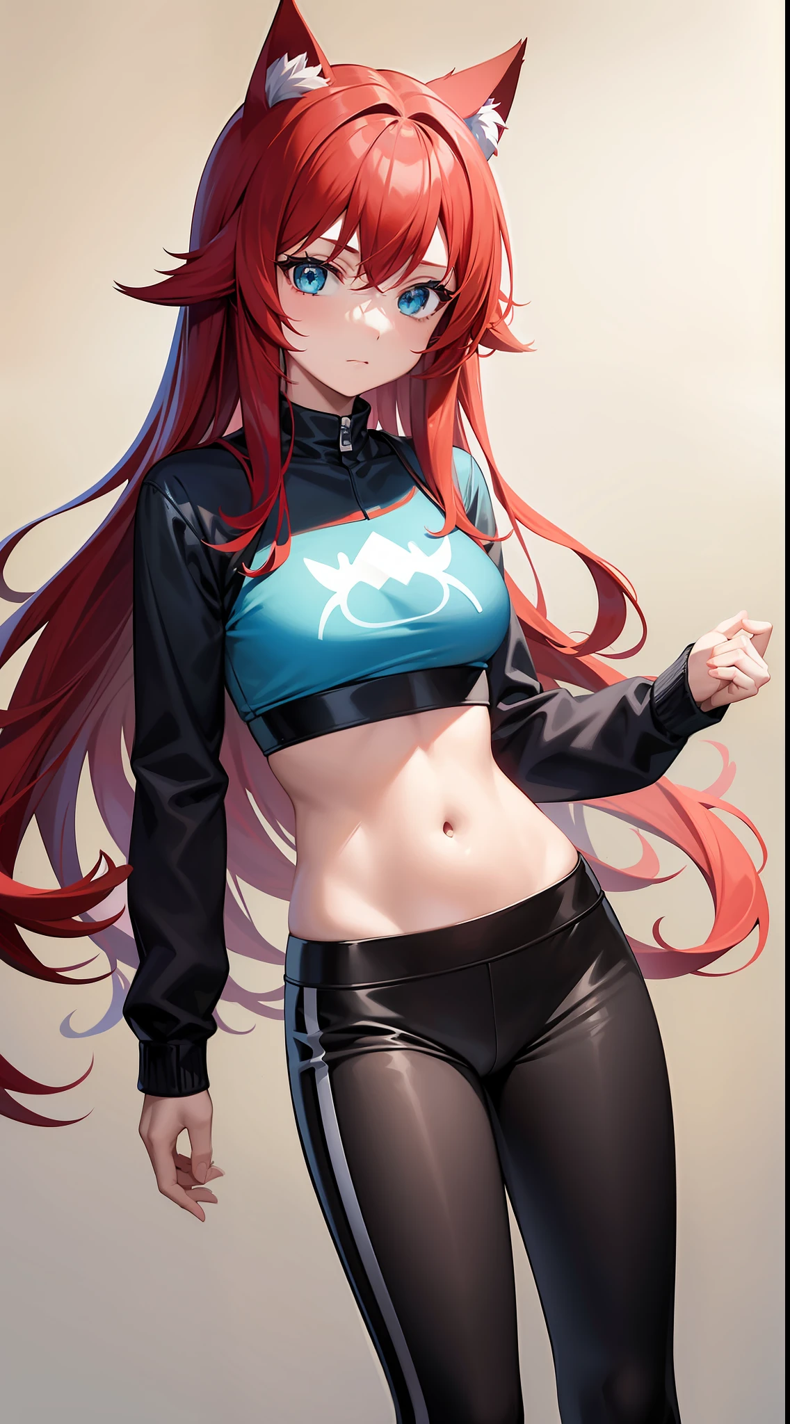 Young girl, long red hair, turquoise eyes, cat ears, superhero shape, pants, open belly, inner, masterpiece, high quality