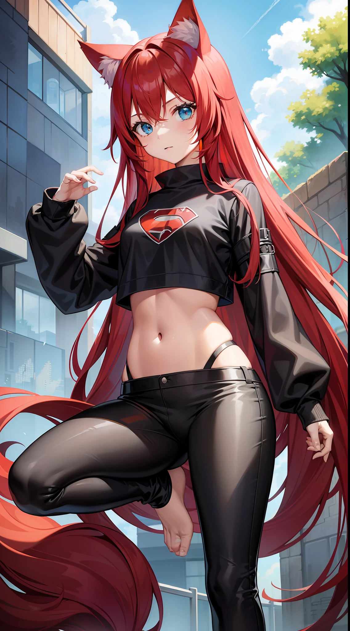 Young girl, long red hair, turquoise eyes, cat ears, superhero shape, pants, open belly, inner, masterpiece, high quality