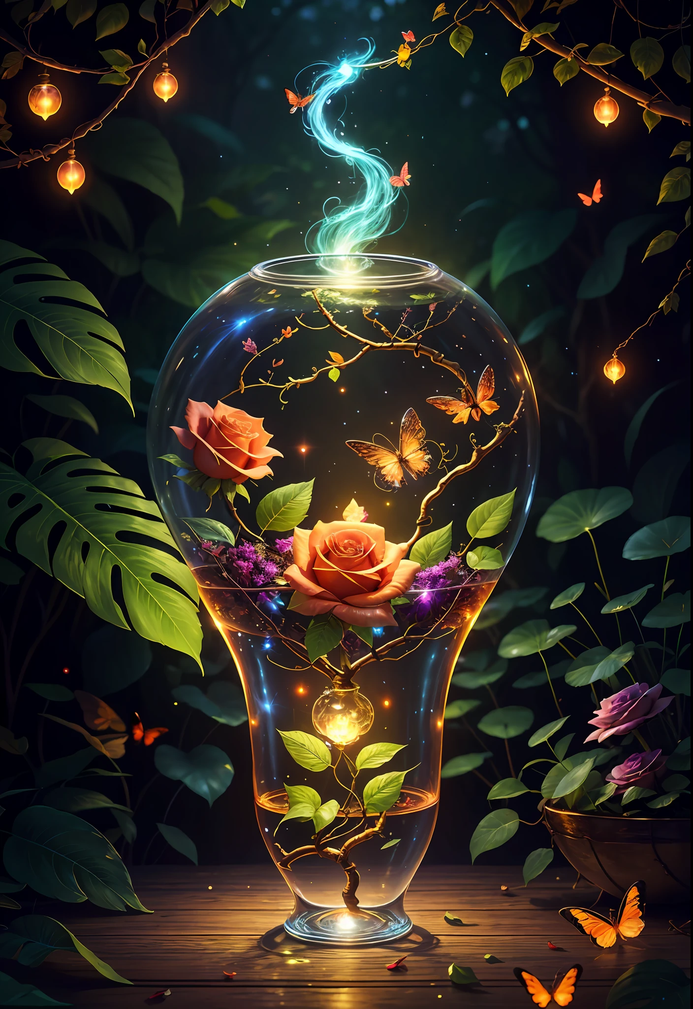 Fantasy in a glass, "ethereal roses, cute animals, glowing little mushrooms surrounded by delicate leaves and branches, and fireflies and glowing particle effects", (natural elements), (jungle theme), (leaves), (branches), (fireflies), butterflies, (delicate leaves), (glow), (particle effects), super realistic, super detailed, dramatic lightning, 4k, masterpiece,