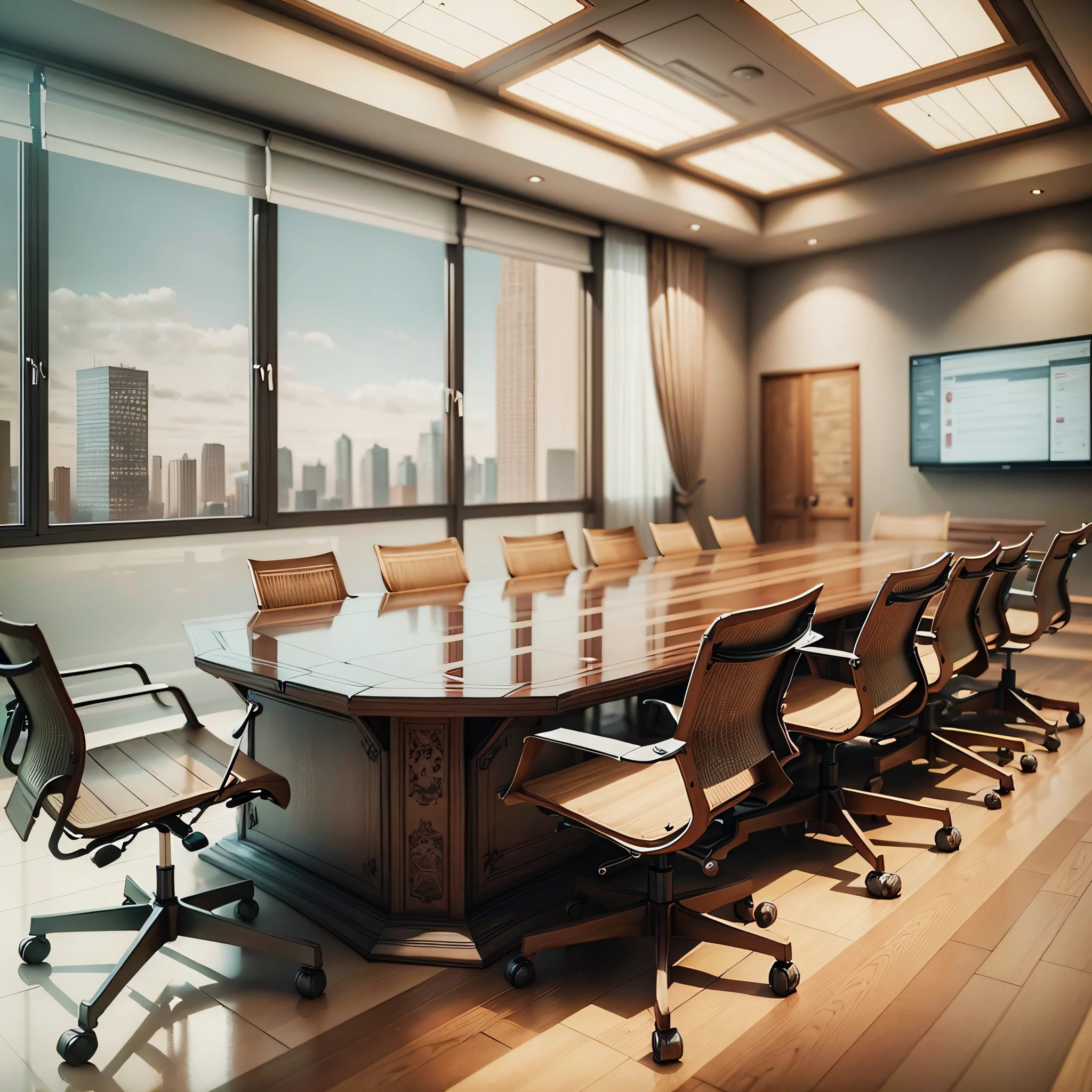a board, conference meeting room, with exquisite table for 12 people, microphones on the desks, exquisite sound system, projection screens and video monitors --auto --s2