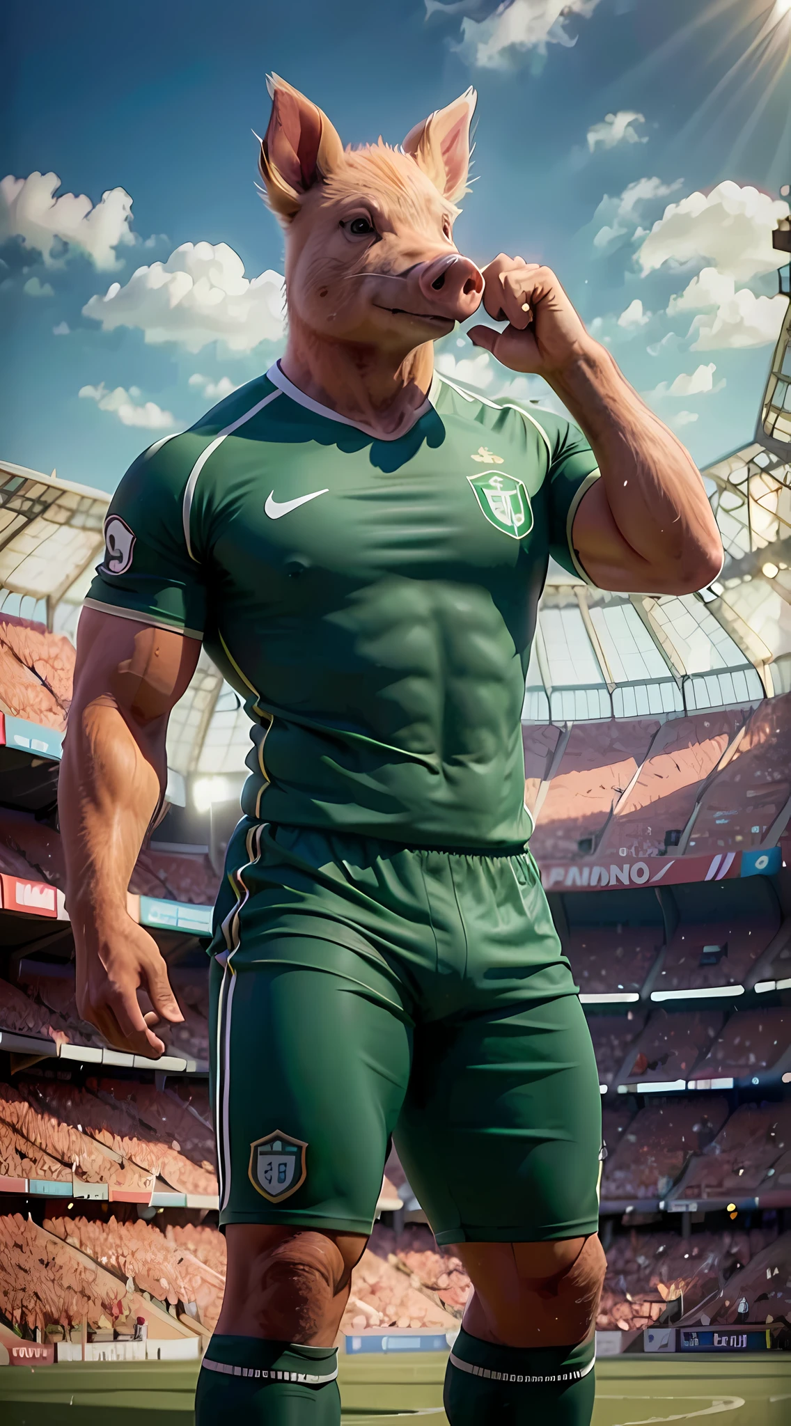 "(best quality), a pig anthropomorphic bodybuilder, soccer soccer player, green and white, Palmeiras uniform, in the stadium, best quality, ultra realistic, detailed, arm raising, 8k"