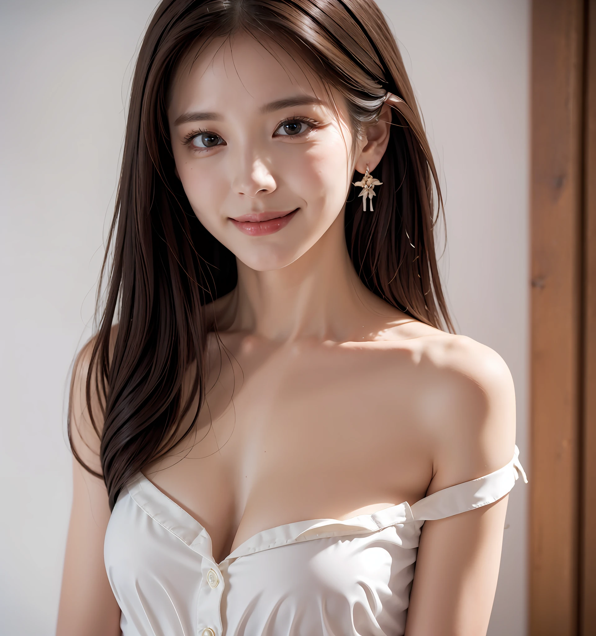 Bangs, one beautiful woman shouldered shirt, (open all buttons: 1.1), big breasts, deep cleavage, top quality, masterpiece, illustration, very delicate and beautiful, very detailed, CG, unity, 8K wallpaper, amazing, fine details, highly detailed CG Unity 8K wallpaper, huge file size, very detailed, high resolution, handsome detail woman, very detailed big eyes and face, Amazing detailed eyes, face light, (Best Illustration: 1.1), super high resolution, (Photoreal: 1.1), (Photoreal: 1.2:1.1), realistic facial proportions, slender, smile, (makeup: 0.4), (Fluffy pale colored eyes: 1.21), pale colored eyes, round eyes, looking at the beholder, dark brown hair, earrings, necklaces, hairpins, ( Irregular irregular skin imperfections, veins, wrinkles on the skin: pores: 1.2), white background, (bokeh: 1.4), very short hair, short bob, oil on the skin, oil on the face, gloss on the skin, gloss on the face, gloss on the lips, gloss on the chest, glossy skin, smile, smile, beautiful teeth, beautiful bangs, beautiful collarbone, long neck, big eyes, clear eyes, clear eyelids, clear double eyelids, ears out, Incredibly cute, overwhelmingly beautiful, highlights in the eyes, thick bangs, bangs