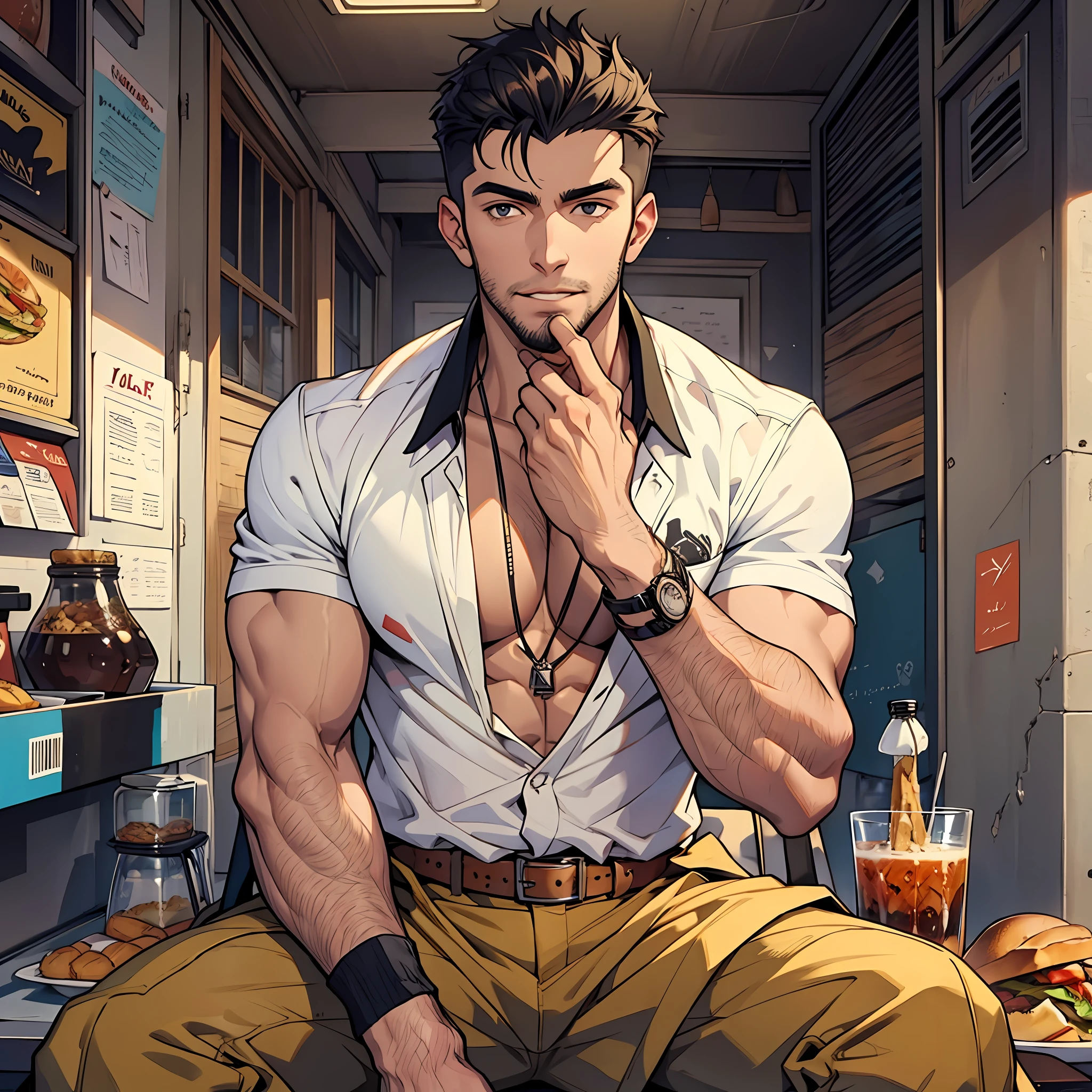 Young and handsome Arabic guy sitting in a casual pose, savoring a delicious sandwich with a rich and satisfying flavor. --auto --s2