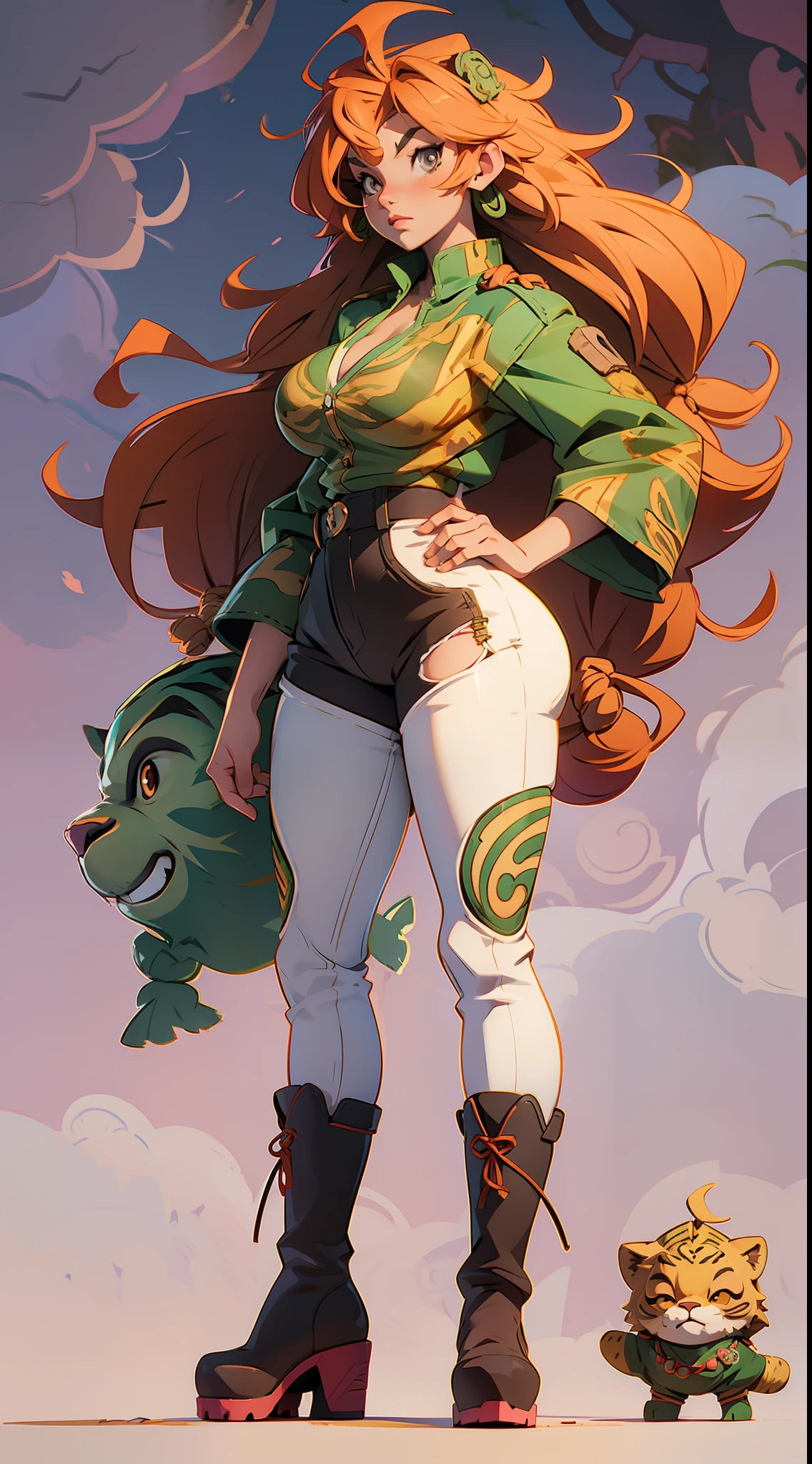 anime waifu lion, plush clothes, big boots, perfect body, huge breasts , (((background african jungle)))