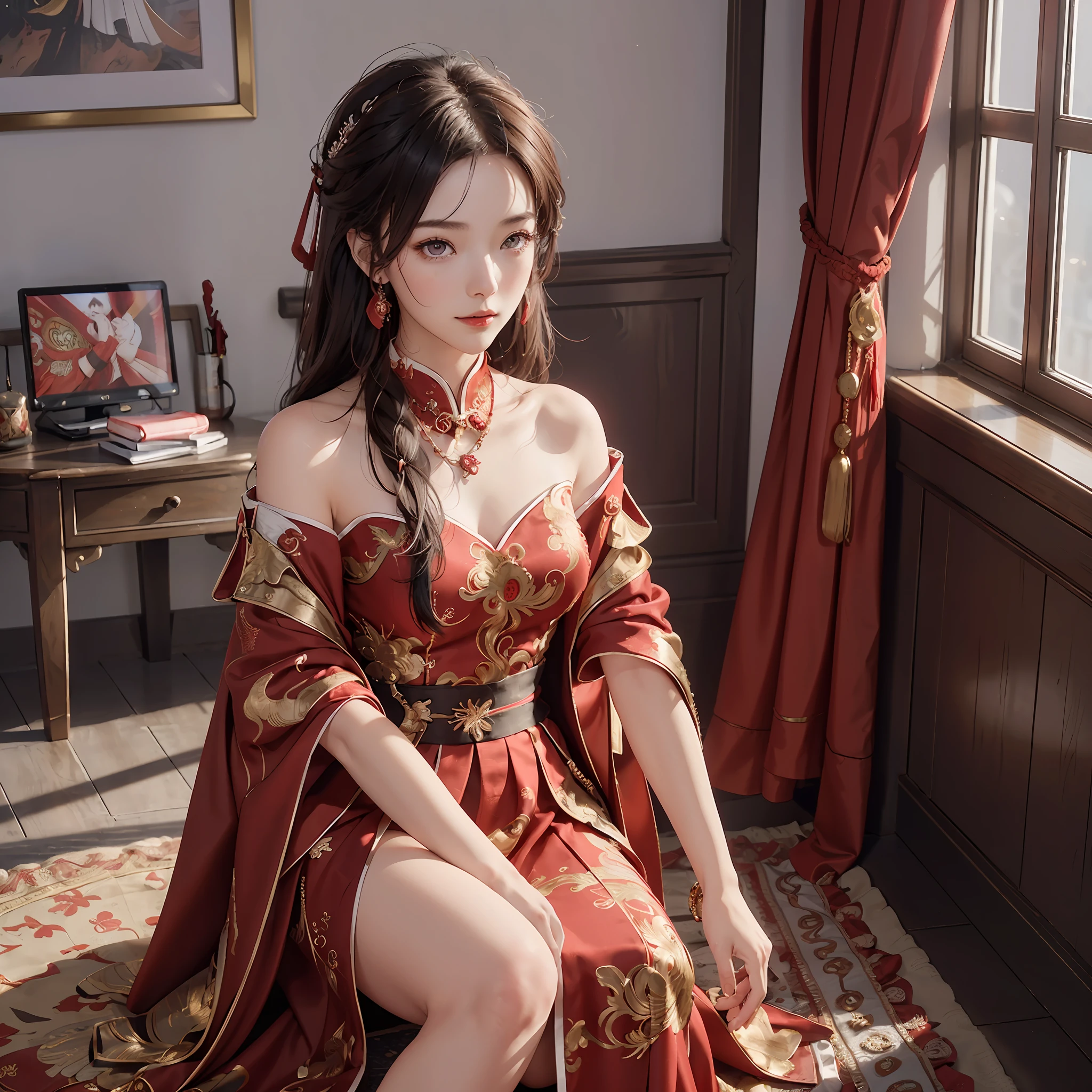 (A Chinese bride), (wearing a gorgeous Chinese red wedding dress), (Chinese style elements: 1.4), (shy, tender, beautiful face, fair skin, bright eyes, elegant eyebrows, happiness and expectation, rosy lip color, soft face), (red clothing: 1.4), (wearing exquisite jewelry, rings, necklaces)), clothes embroidered with phoenix motifs, (embroidery), full body red robe, purity, romance, (Full body shot: 1.5), (body curve), Pleated decoration, (cinematic quality), (Best quality: 1.2), (Realism: 1.4), (Indoor), Photo quality, ((octane rendering)), Close-up, Photographic lighting, (Red theme: 1.4),