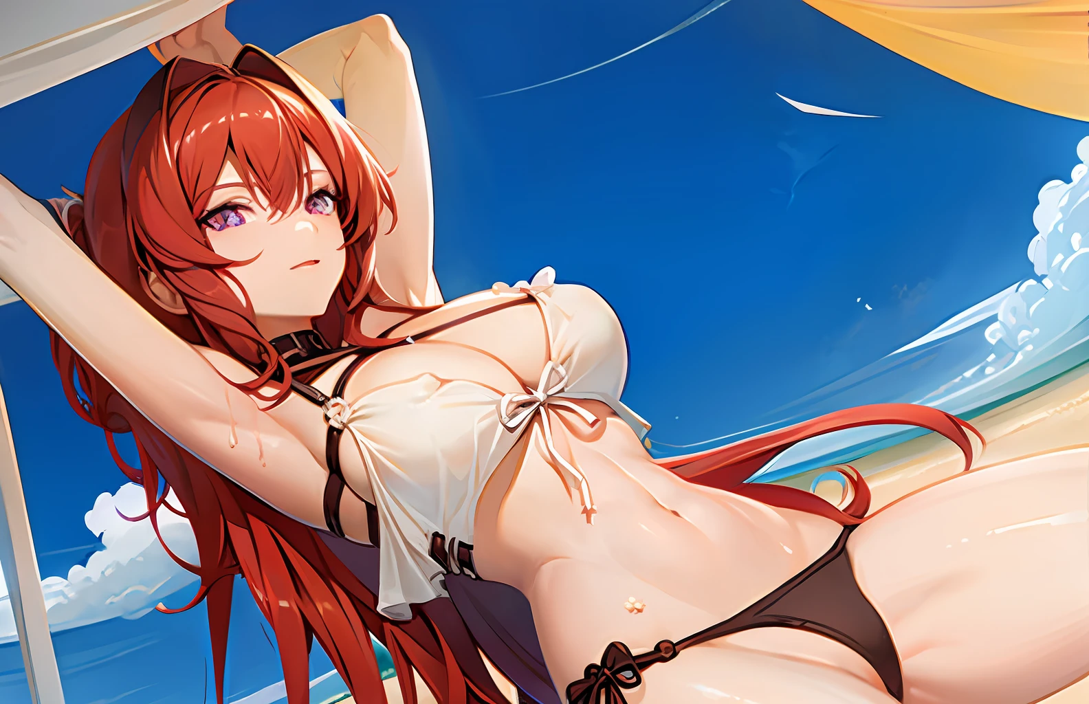 Red-haired woman with purple eyes, full breasts, big ass, slim waist, spread legs, lying on the sand totally naked.