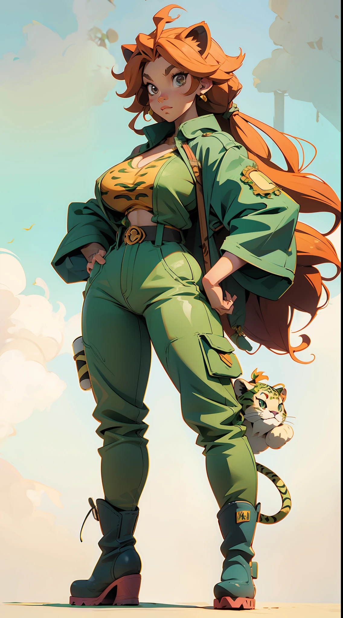 anime waifu lion, plush clothes, big boots, perfect body, huge breasts , (((background african jungle)))