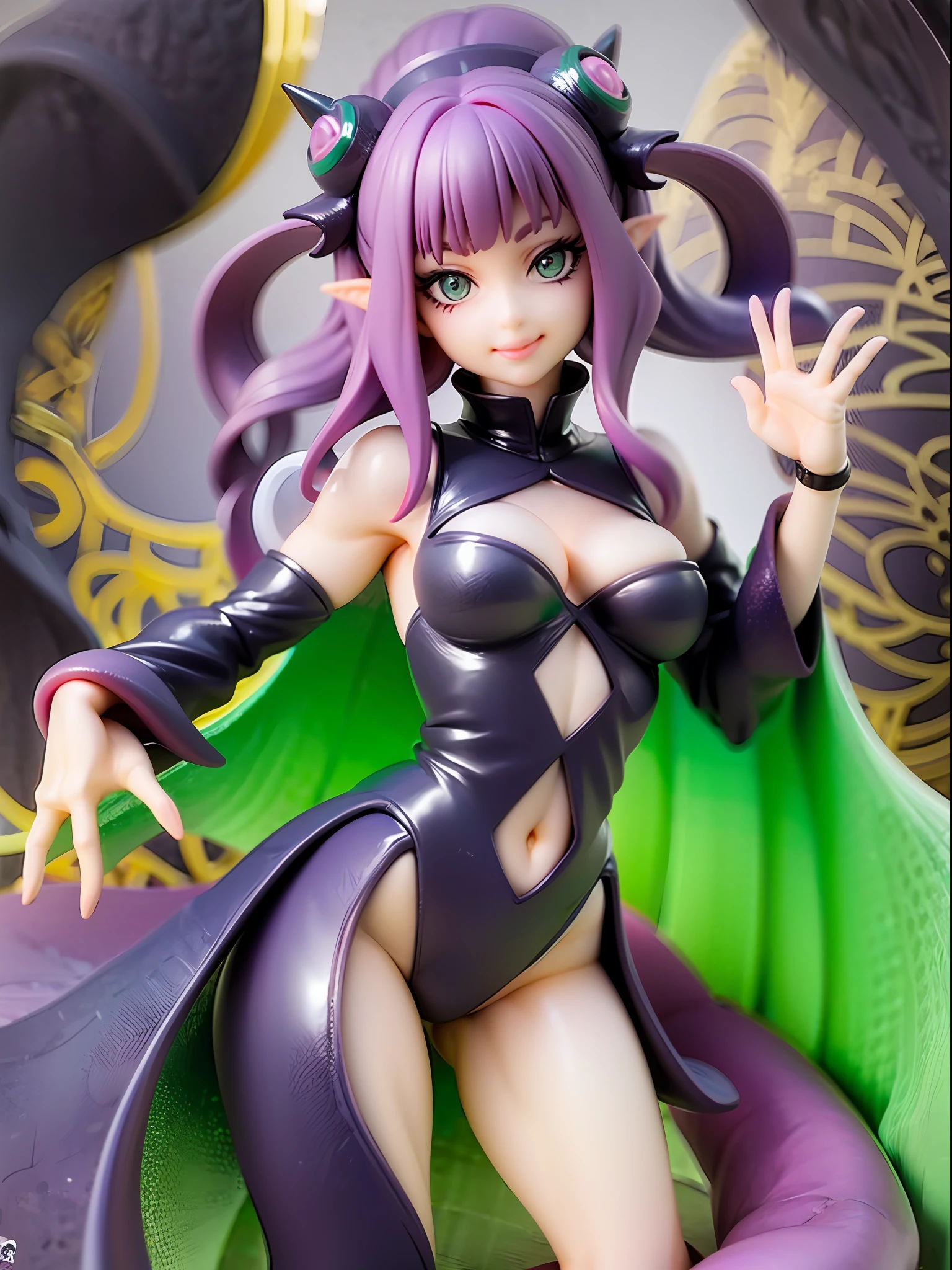 girl with octopus tentacles, short purple hair, beautiful emerald green eyes, closed mouth, exciting pose, smile, full body, unique costume with tentacles, looking forward, deep sea background, black and purple theme, playful and cheerful expression, black and purple costume with tentacles, lively design,
