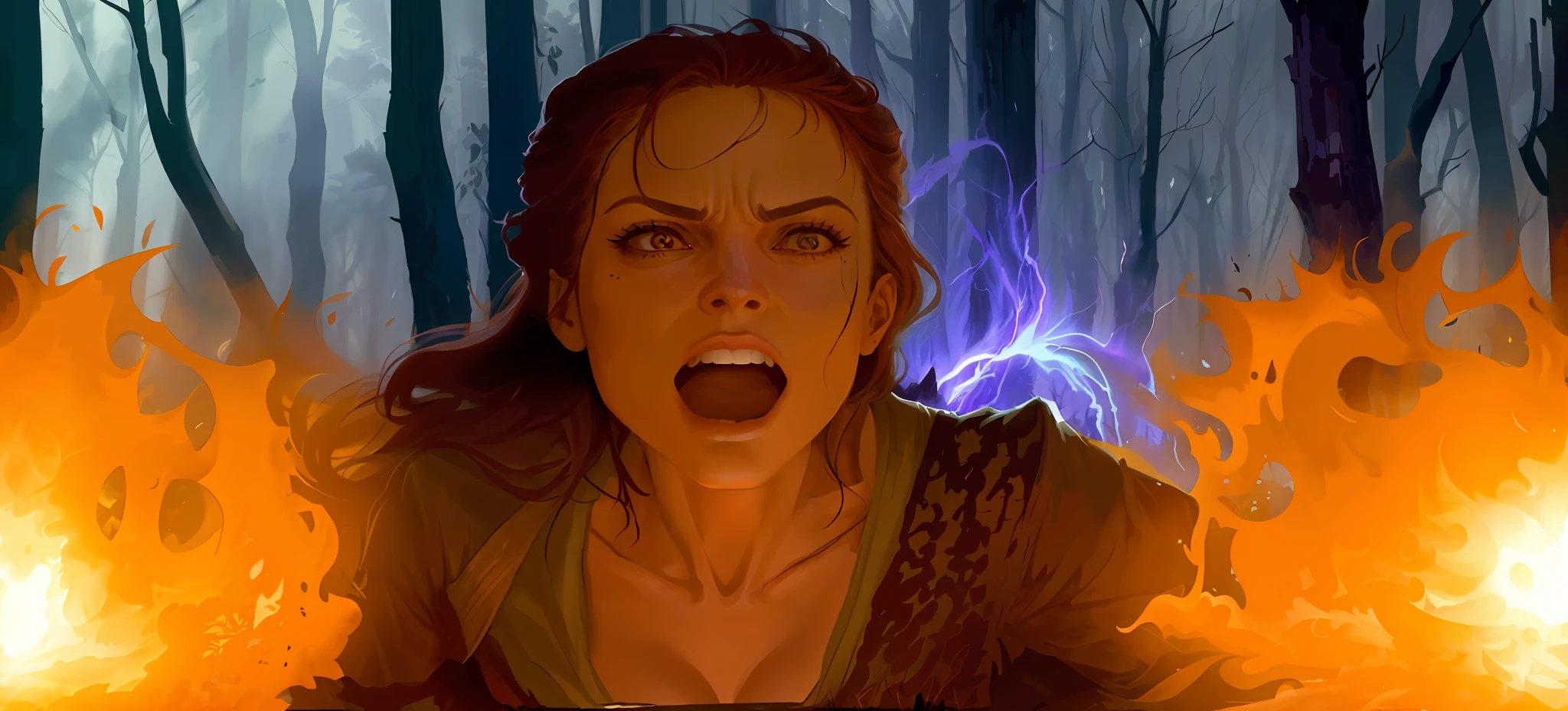 In the dark, gloomy forest, an intrepid woman lets out a deafening scream, her face contorted in intense concentration. Her body radiates energy as she unleashes all of her firepower, enveloped by an aura of determination. The ominous glow of his hands demonstrates the magnitude of his power as flames dance around him. Blood drips from your nose, a sign of the extreme effort being expended. The surrounding atmosphere is dense and filled with shadows, creating an environment of suspense and tension. Every detail of the scene is meticulously depicted, from the delicate contours of the woman's face to the detailed texture of the surrounding trees and foliage. This ultra-detailed image is an impactful illustration, capable of conveying the intensity and strength of the woman in the midst of the dark and gloomy forest.