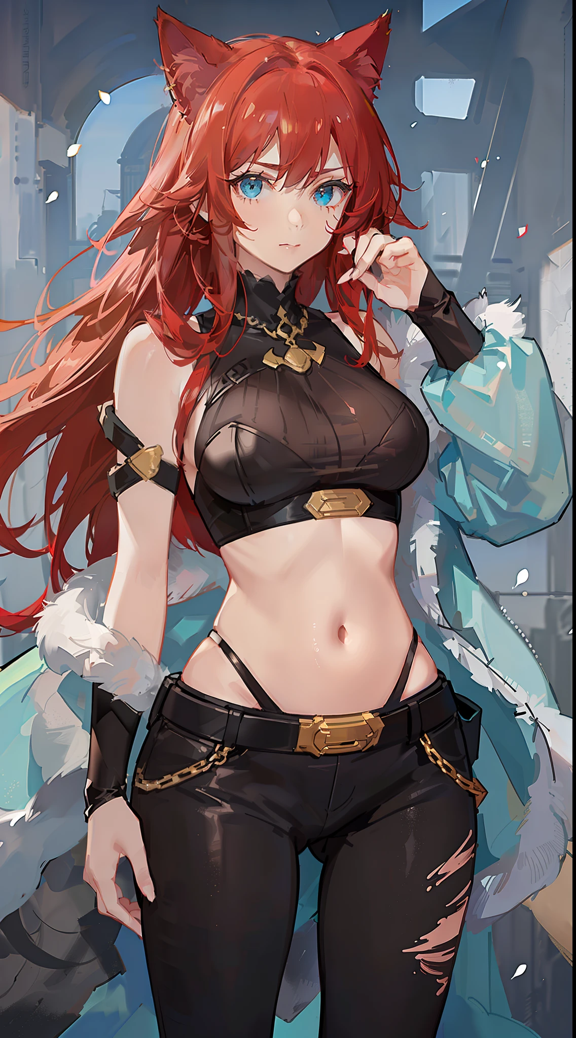 Young girl, long red hair, turquoise eyes, cat ears, superhero shape, pants, open belly, inner, masterpiece, high quality