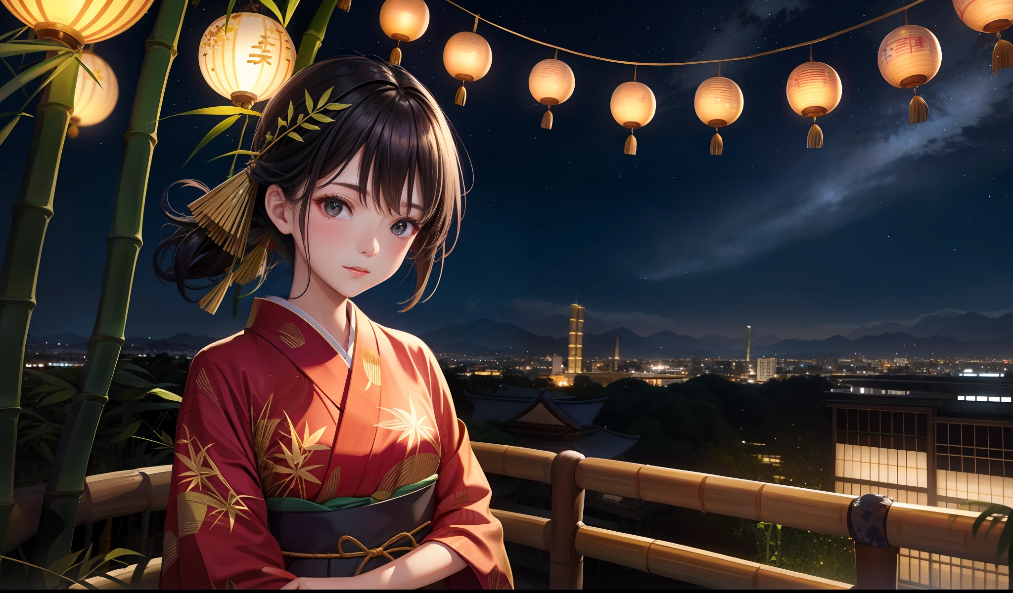 Beauty, 25 years old, downtown, yukata, night, starry sky, ((bamboo leaves, strips, Tanabata ornament,)),