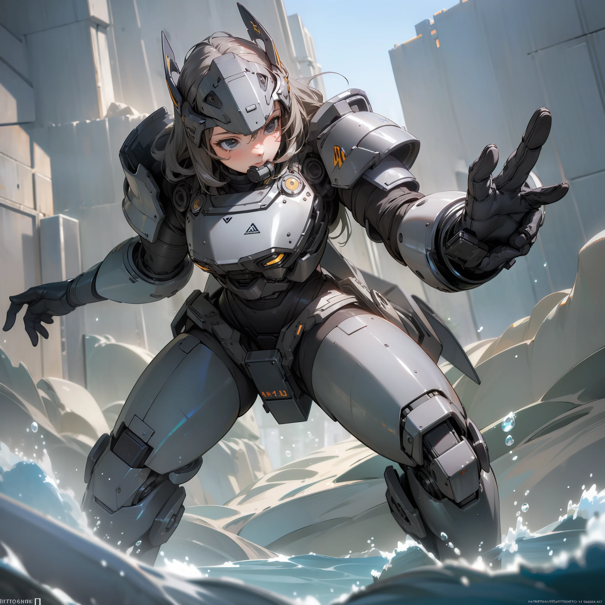 masterpiece, Best quality, (Photorealistic:1.9), Beautiful lighting, (Highly detailed CG Unity 4k FHD wallpaper), Realistic, High Detail, Sharp Focus, Outdoors, Science Fiction, (((1 girl, solo)))), 18 years old, Face mask, Long-haired, (Gray-haired), Metal armored dress, Underwater, Dolphin Swim, Full body, hiqcgbody, power armor, combat stance, combat, wing helmet, helmet,