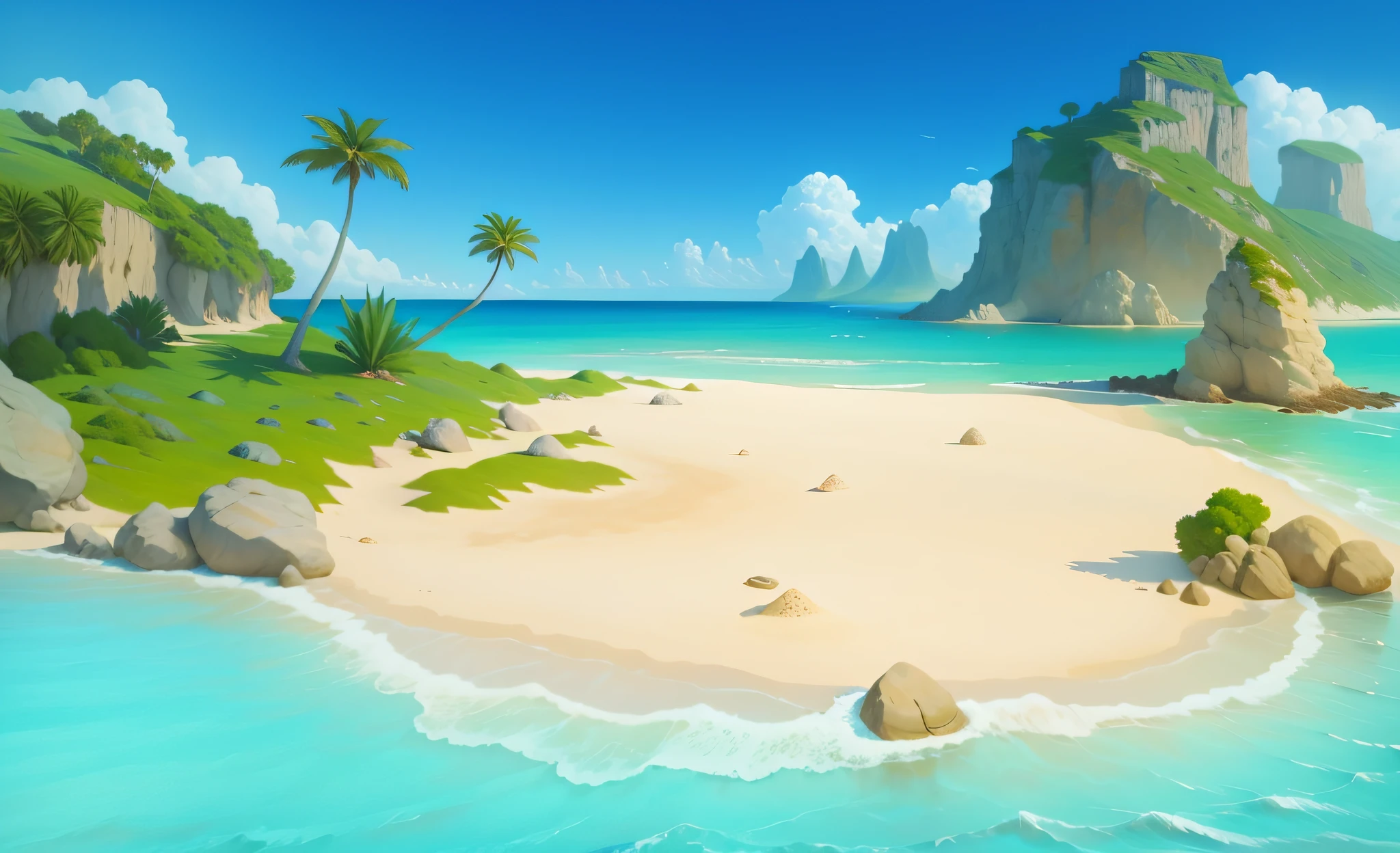 There is a clear photo of the beach with blue sky, realistic beach background, lonely island, sand and sea, barren sand, sand, mediterranean beach background, grains of sand, dust and sand in the air, beautiful background, white sand, sand fog