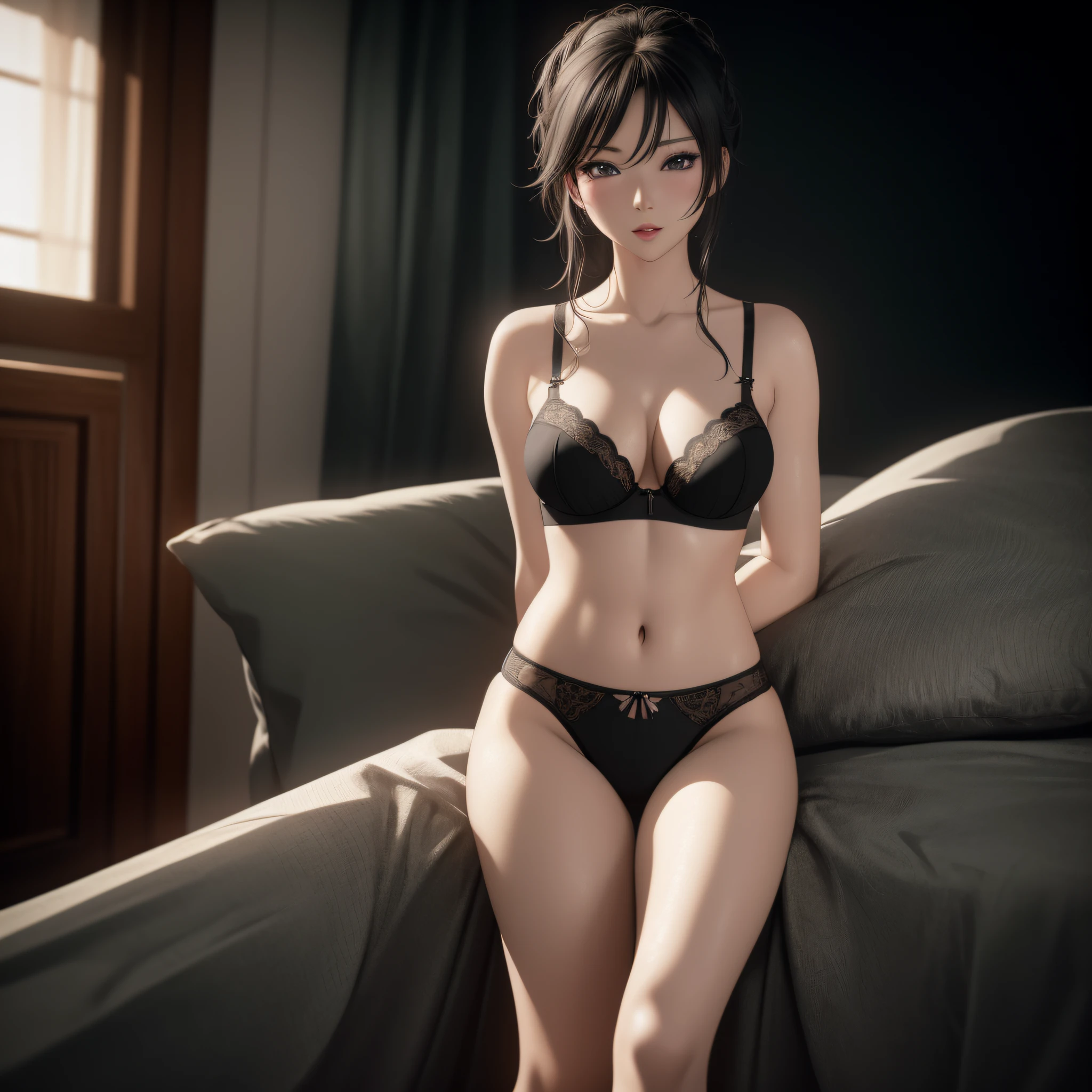 there is a woman in a black bra and panties posing on a bed, 8 k sensual lighting, photorealistic anime girl render, realistic soft lighting, photorealistic perfect body, seductive anime girl, 3 d anime realistic, highly detailed soft lighting, beautiful alluring anime woman, [ 4 k photorealism ]!!, with photorealistic lighting,  pose