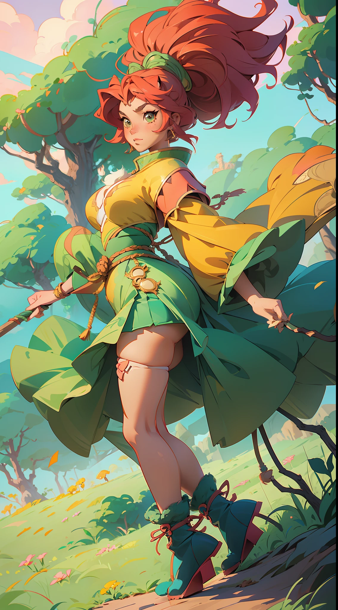 (delicate and vibrant anime style,highly-detailed and  seamless 8k resolution,faux-fluffy clothing and big boots),awaifu with lion features, voluptuous body showcase in the foreground,(lush African jungle backdrop with breathtaking level of detail).
