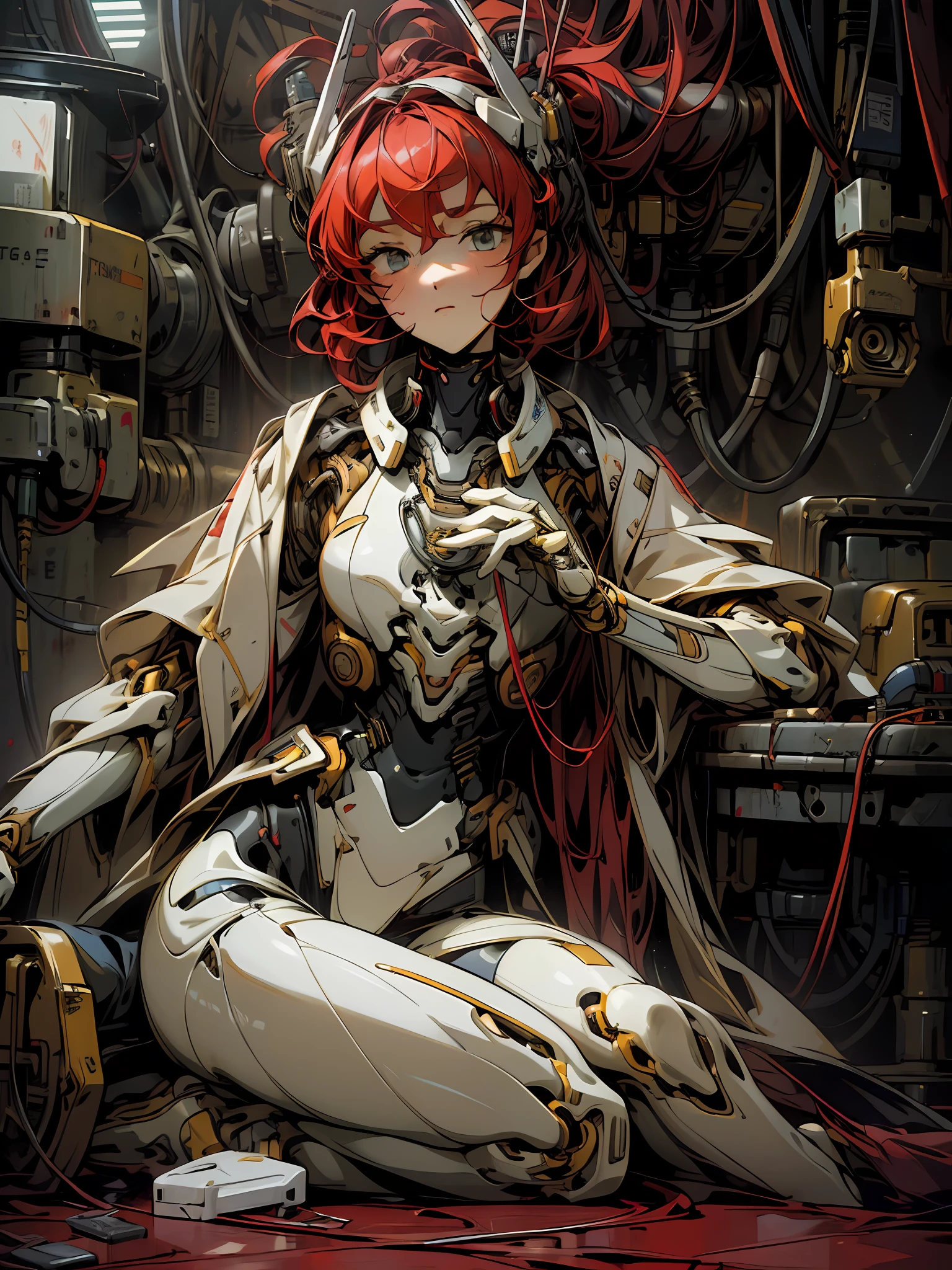 (masterpiece, top quality, best quality, official art, beautiful and aesthetic:1.2), (1girl:1.3), extreme detailed,colorful,highest detailed ((ultra-detailed)), (highly detailed CG illustration), ((an extremely delicate and beautiful)),looking at viewers, red hair, cinematic light,1girl,solo,full body,(mechanical vertebra attaching to back),((mechanical cervial attaching to neck)),(sitting),expressionless,(wires and cables attaching to neck:1.2),(wires and cables on head:1.2)(character focus),science fiction, in factory, blood,