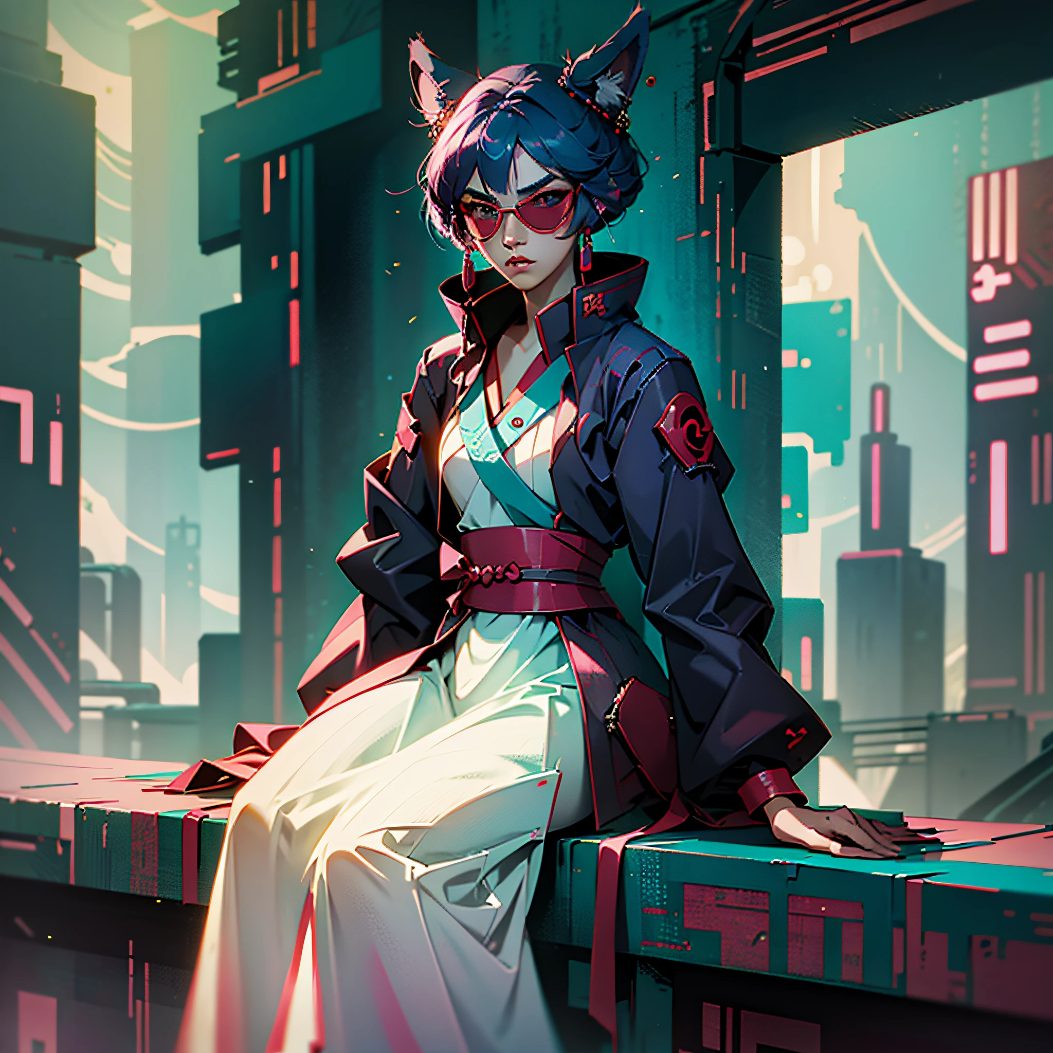 Fox in Hanfu with cyberpunk sunglasses anime style --auto --s2