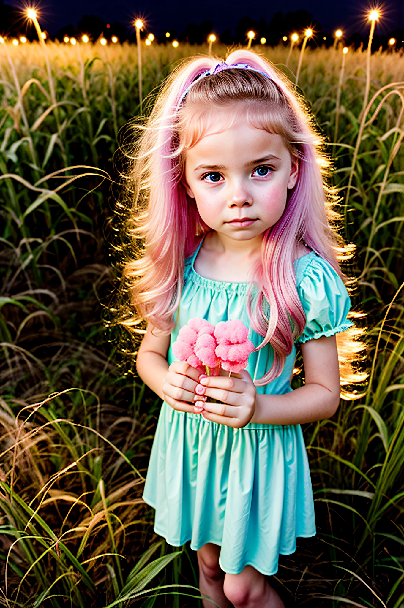 irish precious girl sleepy in cornfield with cottoncandy jellyfishes, nighttime, fireflies, closeup, cottoncandy, style of sally mann in color