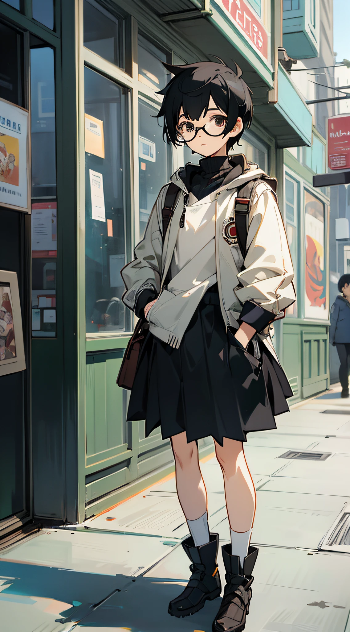 man, full body, standing picture, short stature, black hair, glasses, short hair, anime style, youth --auto --s2