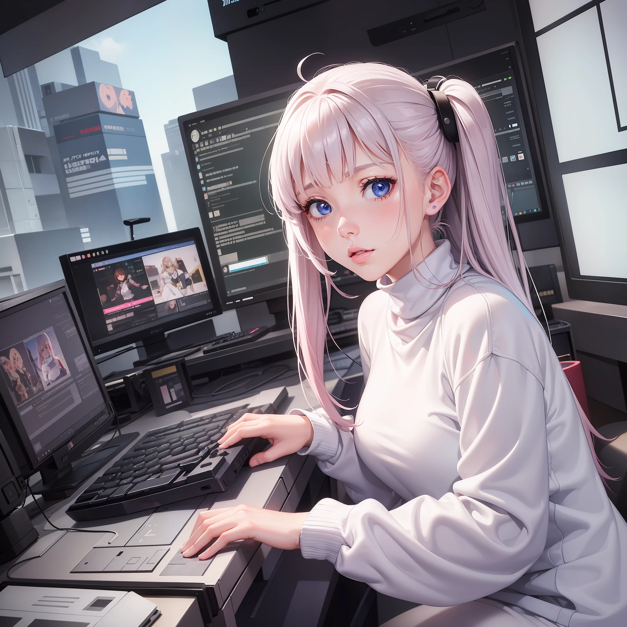 a girl 20 years old,white skin pink face,nose,mouth,lips between open,bright blue color eyes,white turtleneck clothing,military style pants, fiddling with a computer with rgb,a pc. (((anime version)))