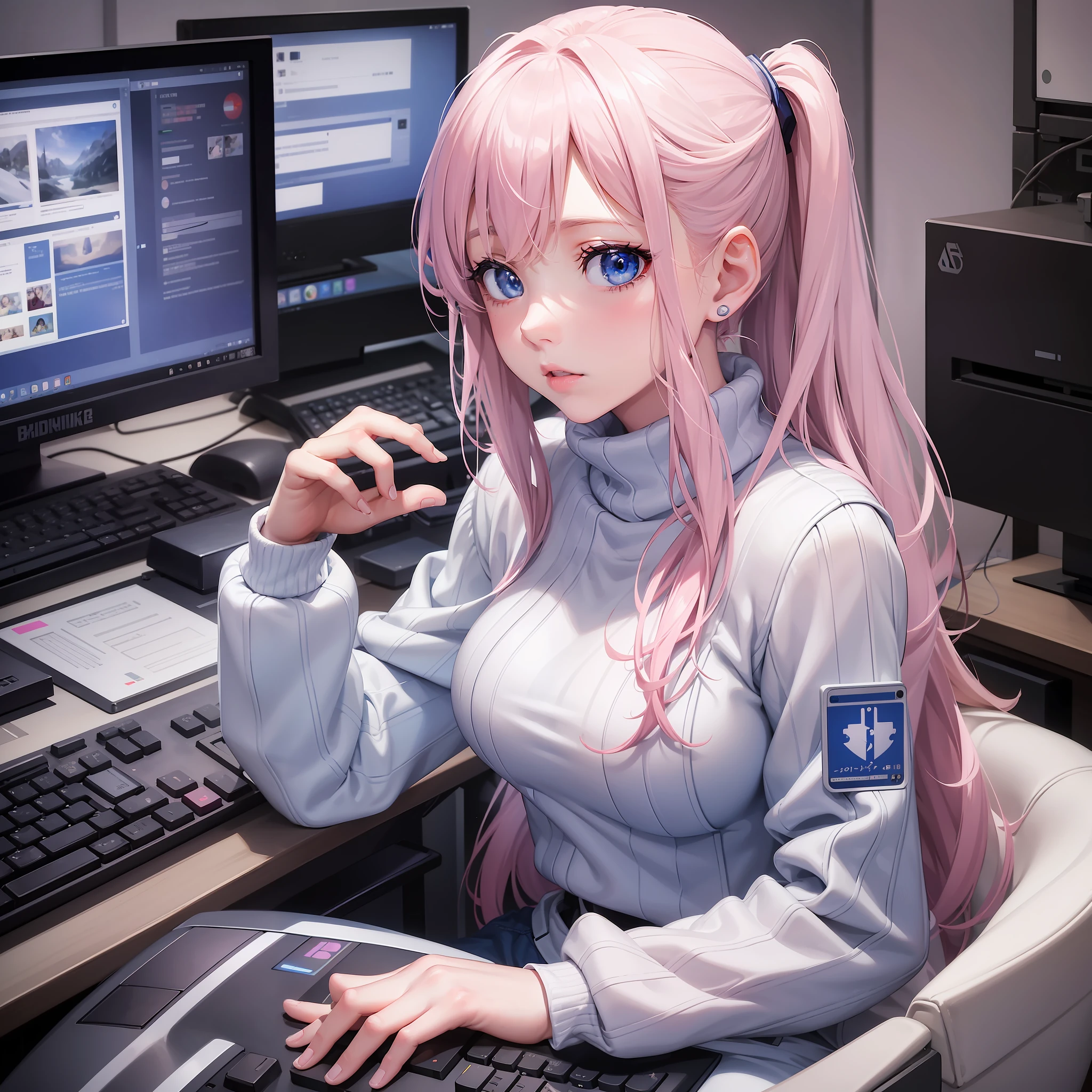 a girl 20 years old,white skin pink face,nose,mouth,lips between open,bright blue color eyes,white turtleneck clothing,military style pants, fiddling with a computer with rgb,a pc. (((anime version)))