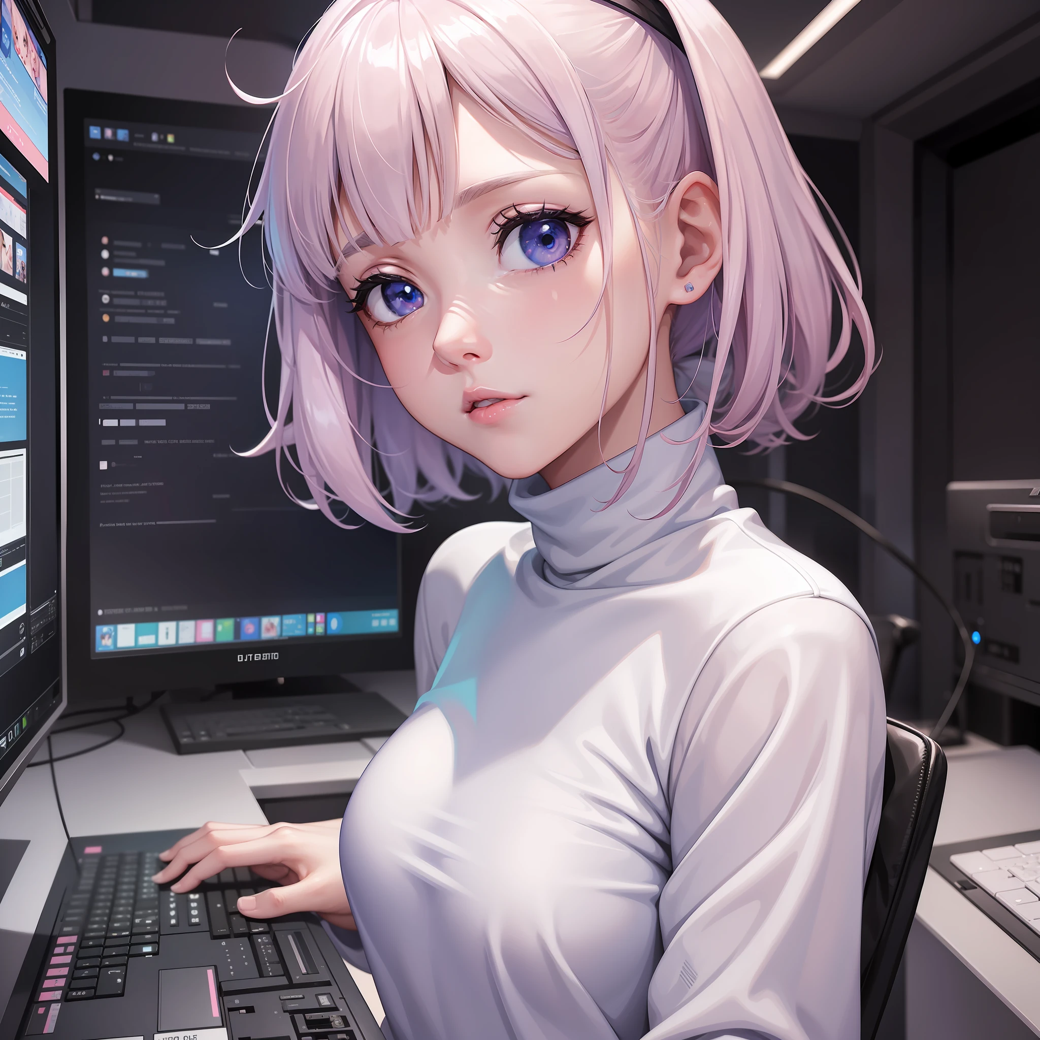 a girl 20 years old,white skin pink face,nose,mouth,lips between open,bright blue color eyes,white turtleneck clothing,military style pants, fiddling with a computer with rgb,a pc. (((anime version)))