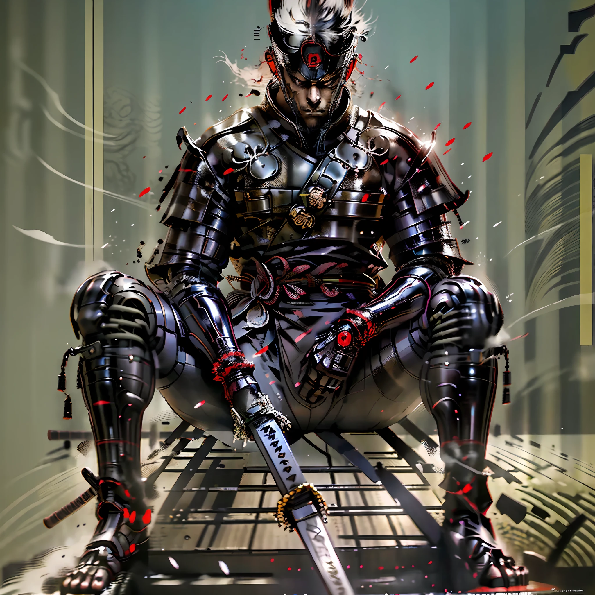 Samurai, stone mask, Cinematic, masterpiece, seated samurai pose, soft contrast, cinematic lighting, cinematic shadow, Katana_weapon, Samurai costume, anime scener, Gorgeous scenery, man, solo.