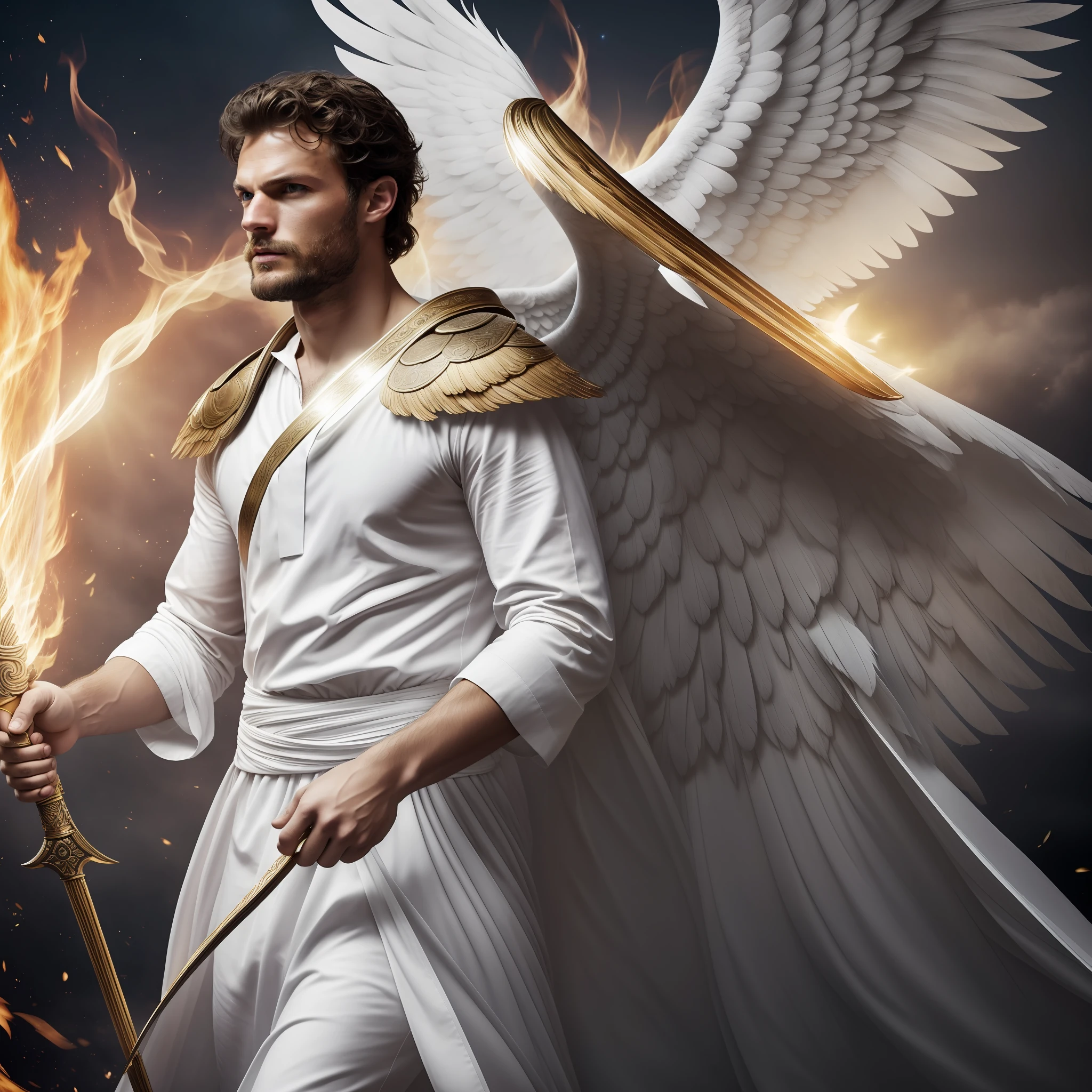 Seraphim on fire with large wings of feathers bracas, large white wings, white tunic, around heavenly flames, Jamie Dornan, eyes of light, wearing short black beard, wearing Golden Crown, focus on the details of the face, coming out happy rays, serious and attractive man, wearing white tunic, magical and real effect, film cover, with magical bursts of light,  Powerful celestial warrior, similar to actor Jamie Dornan, dark black image background, (8k, RAW photo, best quality, masterpiece: 1.2), (realistic, photorealistic: 1.37), professional lighting.