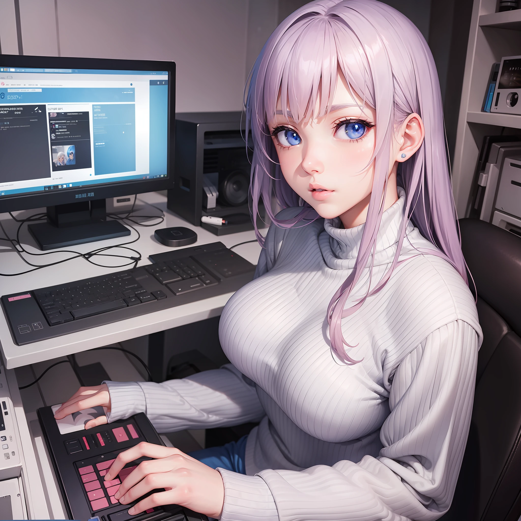 a girl 20 years old,white skin pink face,nose,mouth,lips between open,bright blue color eyes,white turtleneck clothing,military style pants, fiddling with a computer with rgb,a pc. (((anime version)))