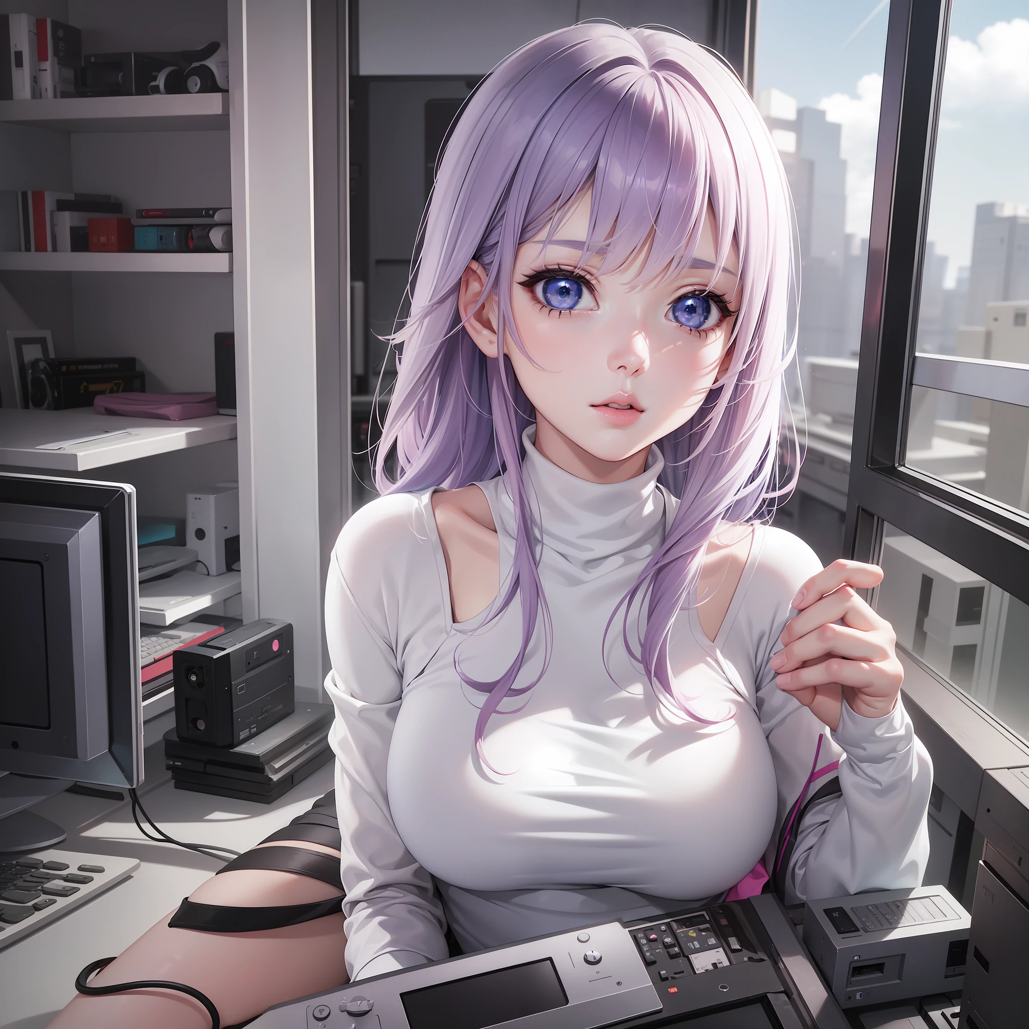 a girl 20 years old,white skin pink face,nose,mouth,lips between open,bright blue color eyes,white turtleneck clothing,military style pants, fiddling with a computer with rgb,a pc. (((anime version)))