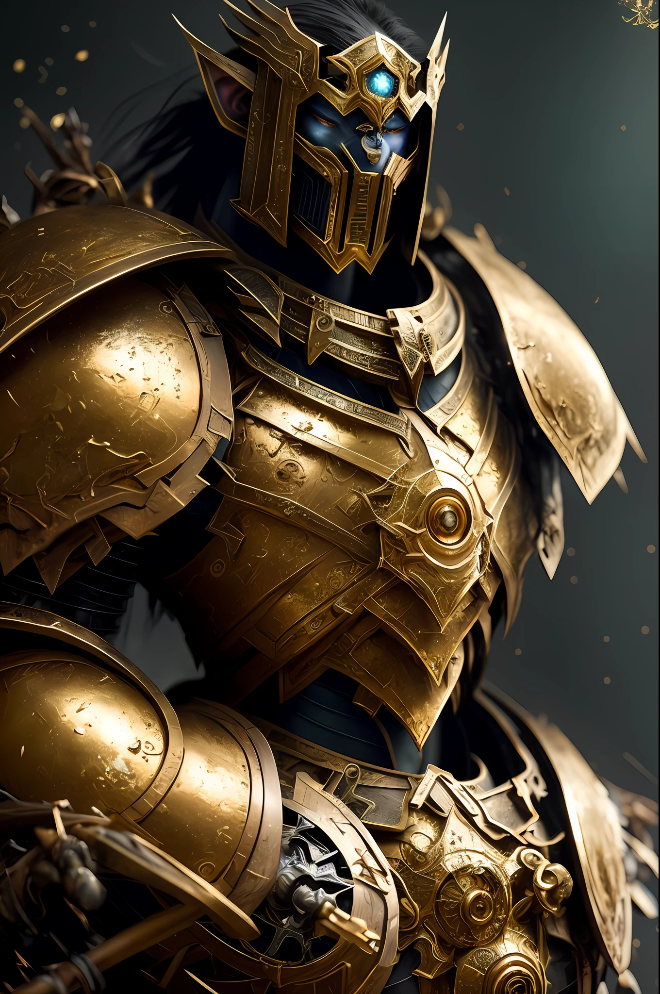 One (full body: 1.3) shot with 8k resolution, splash art, fantastic comic book style, photorealistic, intense visual, anatomical portrait of photorealistic digital painting of a young man: 1.3) human (warrior: 1.3) in intricate black and gold (heavy armor: 1.3) in one (dark and temperamental universe: 1.3), light particle, very detailed skin, samurai, very detailed eyes, (Elden Ring style: 1.3), (Warhammer style: 1.1), conceptual artist, global lighting, depth of field, splash art, art by Artgerm and Greg Rutkowski and Viktoria Gavrilenko