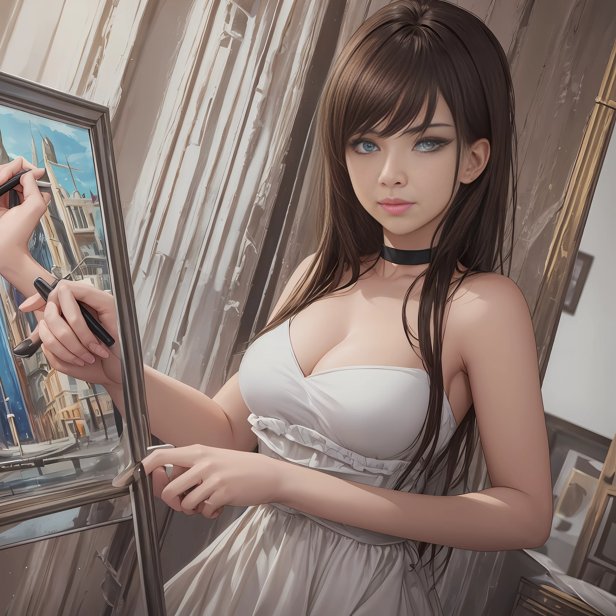 ((Realistic lighting, Best quality, 8K, Masterpiece: 1.3)), Clear focus: 1.2, 1girl, Perfect body beauty: 1.4, Slim abs: 1.1, ((dark brown hair)), (White dress: 1.4), (City, daytime: 1.1), in the studio, painting with a brush, ultra-fine face, fine eyes, double eyelids, --auto --s2