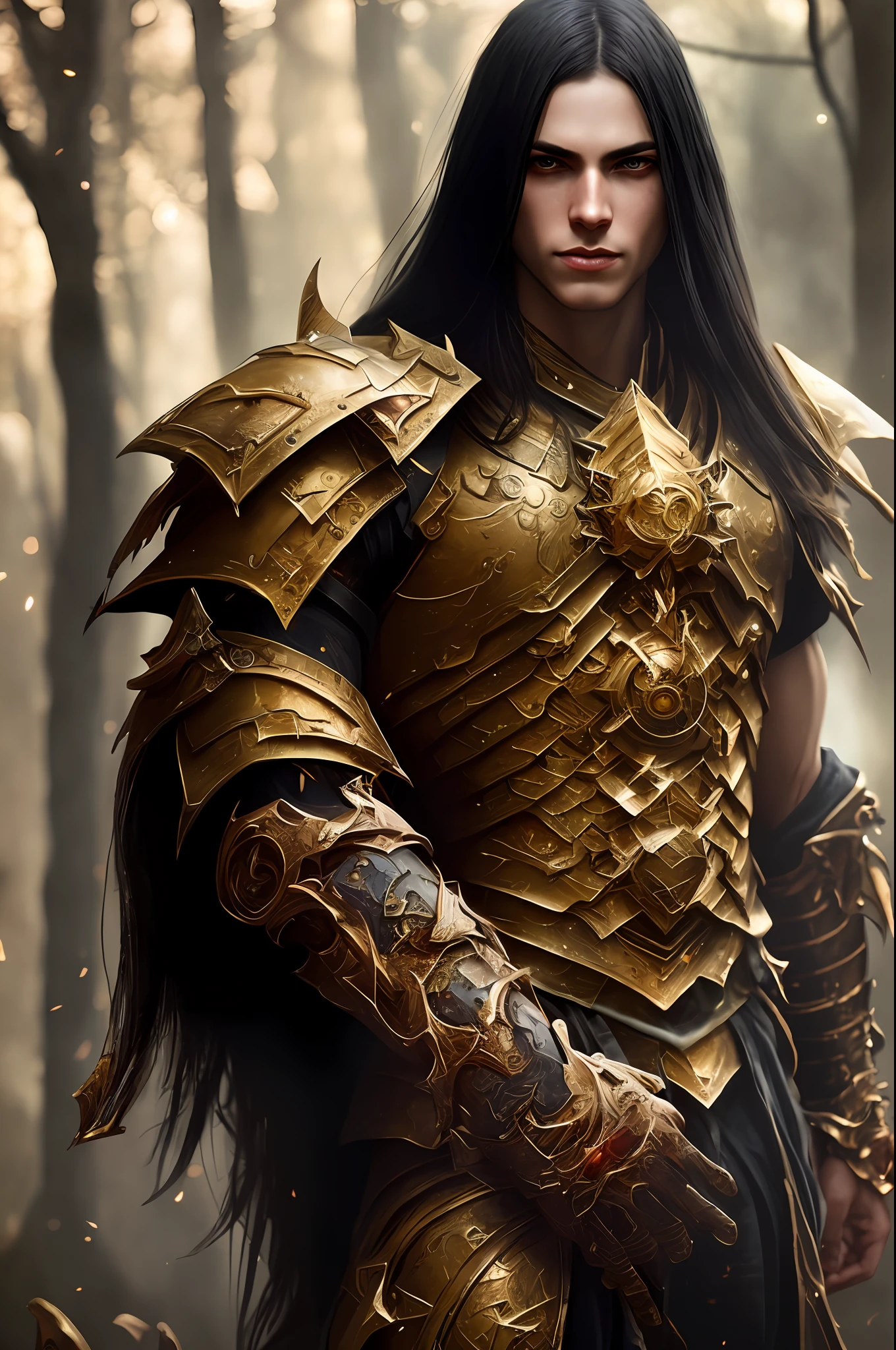 One (full body: 1.3) shot with 8k resolution, splash art, fantastic comic book style, photorealistic, intense visual, anatomical portrait of photorealistic digital painting of a young man: 1.3) human (warrior: 1.3) in intricate black and gold (heavy armor: 1.3) in one (dark and temperamental universe: 1.3), light particle, very detailed skin, samurai, very detailed eyes, (Elden Ring style: 1.3), (Warhammer style: 1.1), conceptual artist, global lighting, depth of field, splash art, art by Artgerm and Greg Rutkowski and Viktoria Gavrilenko