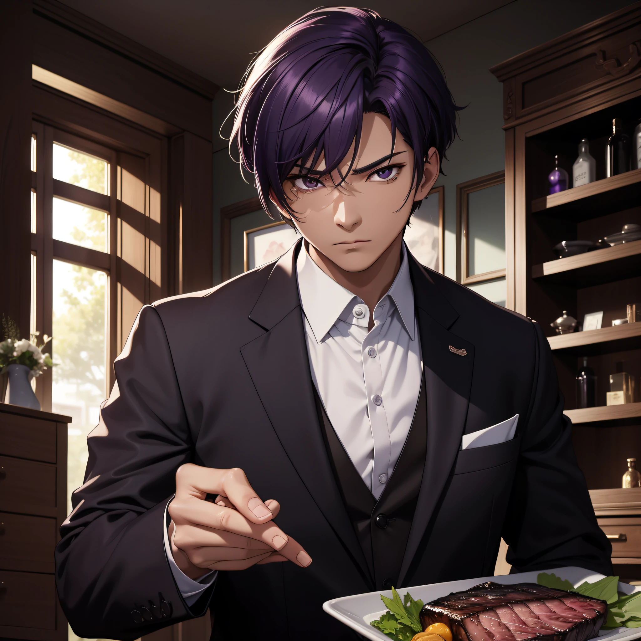 Absurd resolution, high resolution, (masterpiece: 1.4), hyper-detail, Asian, male middle-aged short purple hair, black suit, eerie room, looking at the raw steak in the refrigerator, expression serious and scared