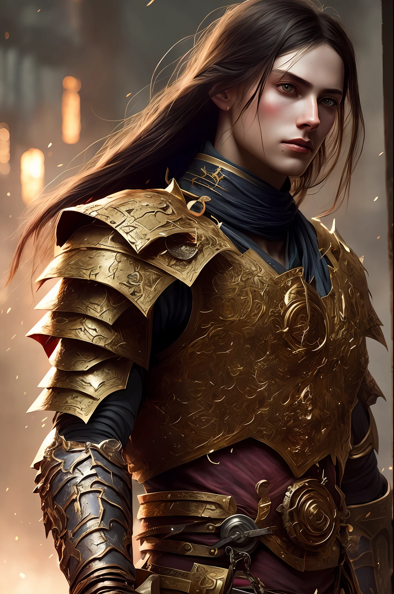 One (full body: 1.3) shot with 8k resolution, splash art, fantastic comic book style, photorealistic, intense visual, anatomical portrait of photorealistic digital painting of a young man: 1.3) human (warrior: 1.3) in intricate black and gold (heavy armor: 1.3) in one (dark and temperamental universe: 1.3), light particle, very detailed skin, samurai, very detailed eyes,  (Elden Ring style: 1.3), (Warhammer style: 1.1), conceptual artist, global lighting, depth of field, splash art, art by Artgerm and Greg Rutkowski and Viktoria Gavrilenko