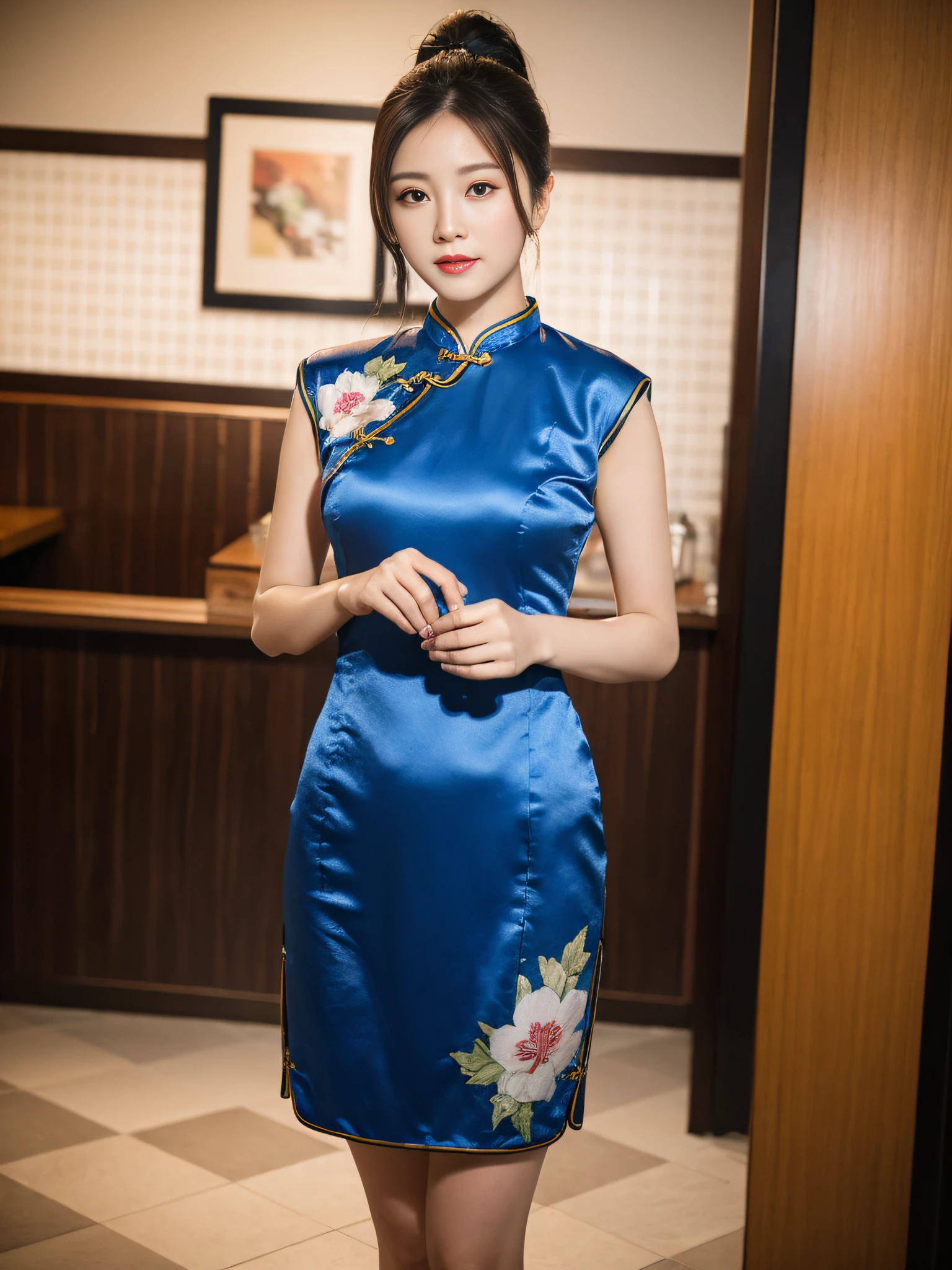 ((Best Quality, 8K, Masterpiece: 1.3)), Focus: 1.2, Blue Cheongsam, Split End, Full Body Photo, Standing Pose, Cafe Wall, Highly Detailed Facial and Skin Texture, Detailed Eyes, Double Eyelids, Whitened Skin, Long Ponytail