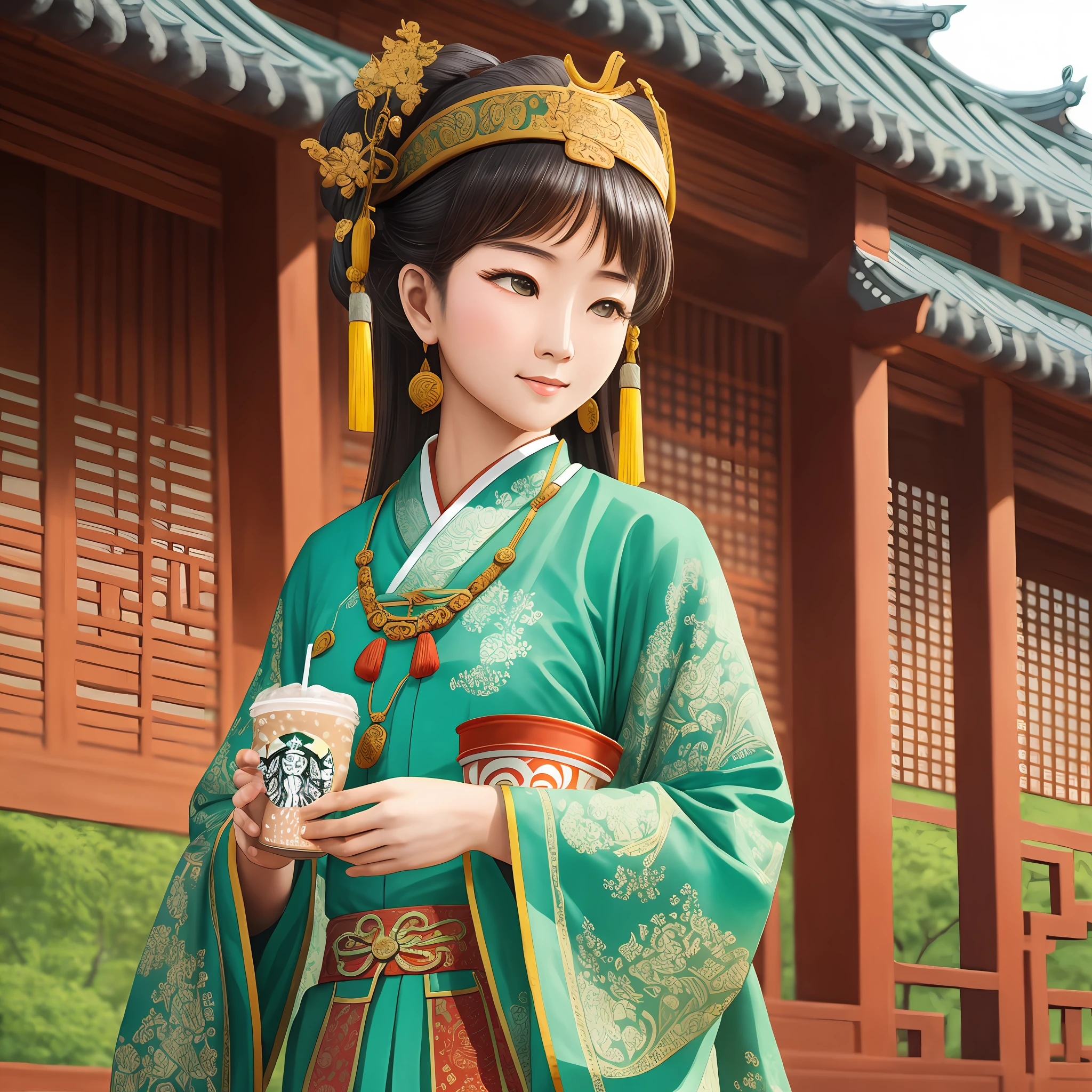 An ancient national style girl, Tang Dynasty scenery, high quality, drinking Starbucks --auto --s2