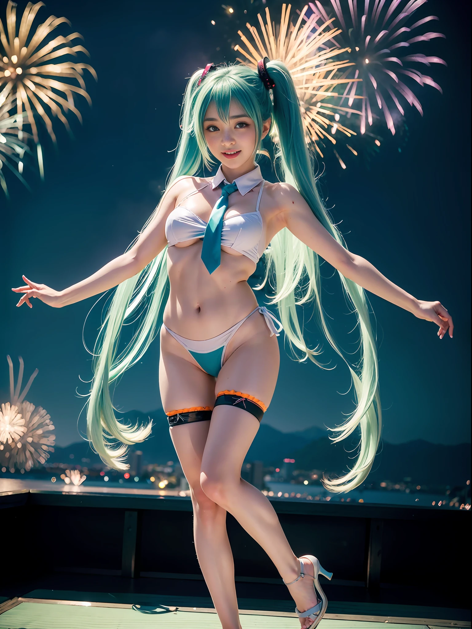 (Japan girl cosplaying Hatsune Miku: 1.4), (sweaty 4k: 1.2), camel pibe, bust top, open legs, pubic hair, areola,, troop potion, smile, (full body), open mouth, (big Hatsune Miku: 1.4), (green headset microphone, green tie: 1.2), big cosplayer, Lori's Japan cosplayer is singing on stage, Lori's Japan cosplayer is dancing on stage, Lori's Japan posing, Japan in cosplay, fireworks display, half-off costume, lakeside fireworks display, sensual pose, jump high, ((translucent body, smooth translucent white skin: 1.5)), Sakimi-chan HDRI, background bokeh, background gradient, Cute Lolipan Goddess, (Photorealistic: 1.8), (8k, RAW Photo: 1.8), (HDR: 1.2), (Shallow Focus: 1.4), (Sharp Focus: 1.4), (Clear Nipple Silhouette: 1.8), (Clear Areola Silhouette: 1.8), (Ultra Detailed Clear Silhouette of Pusy Hair: 1.8), (Crowd, Crowd: 1.0), ( firework cascade:1.4)