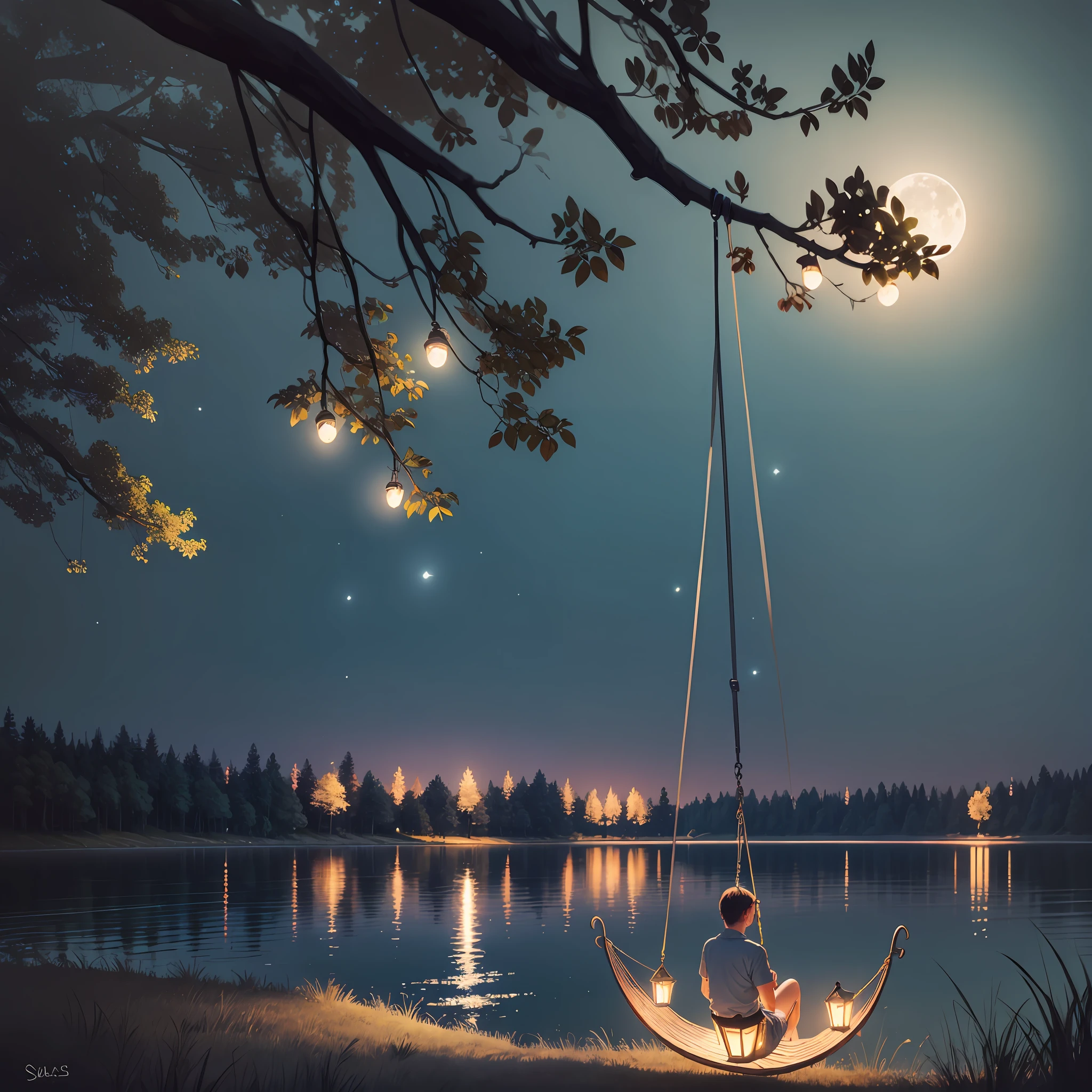Fireflies, forest, lakeside, swing, moonlight sparkling on the lake --auto --s2
