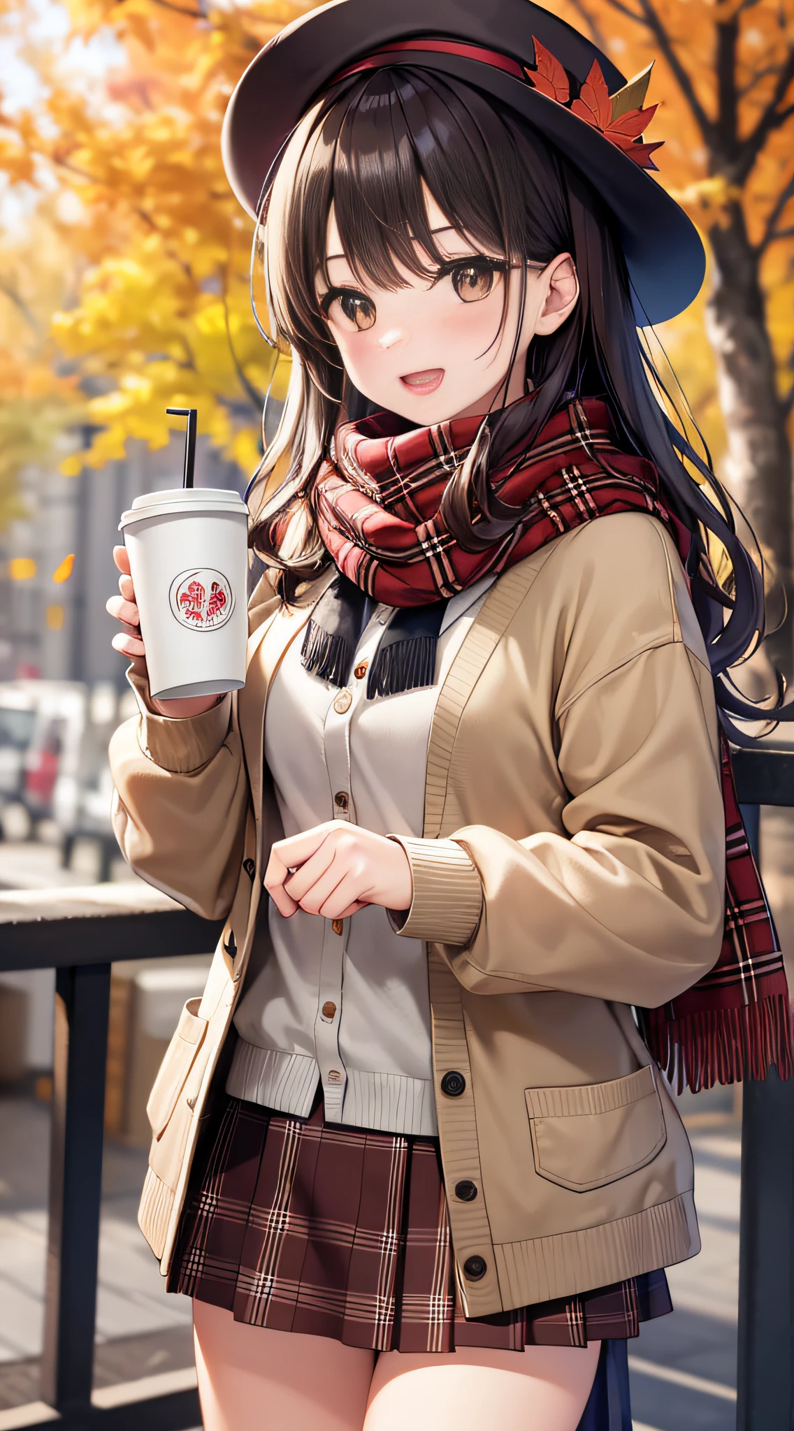 1girl, (\:d:1.0) autumn leaves, bangs, black tiara, blurred background, blush, brown eyes, brown hair, brown scarf, brown skirt, cardigan, coffee, denim photo, mug, disposable cup, drink, fallen leaves, hat, holding, holding a drink, leaves, long hair, long sleeves, looking at the audience, opening cardigan, opening mouth, plaid , plaid skirt, fluffy long sleeves, red sweater, scarf, shirt, shirt tucked in, side lock, skirt, smile, solo, sweater, white shirt, Very detailed, intricate, masterpiece, ridiculous