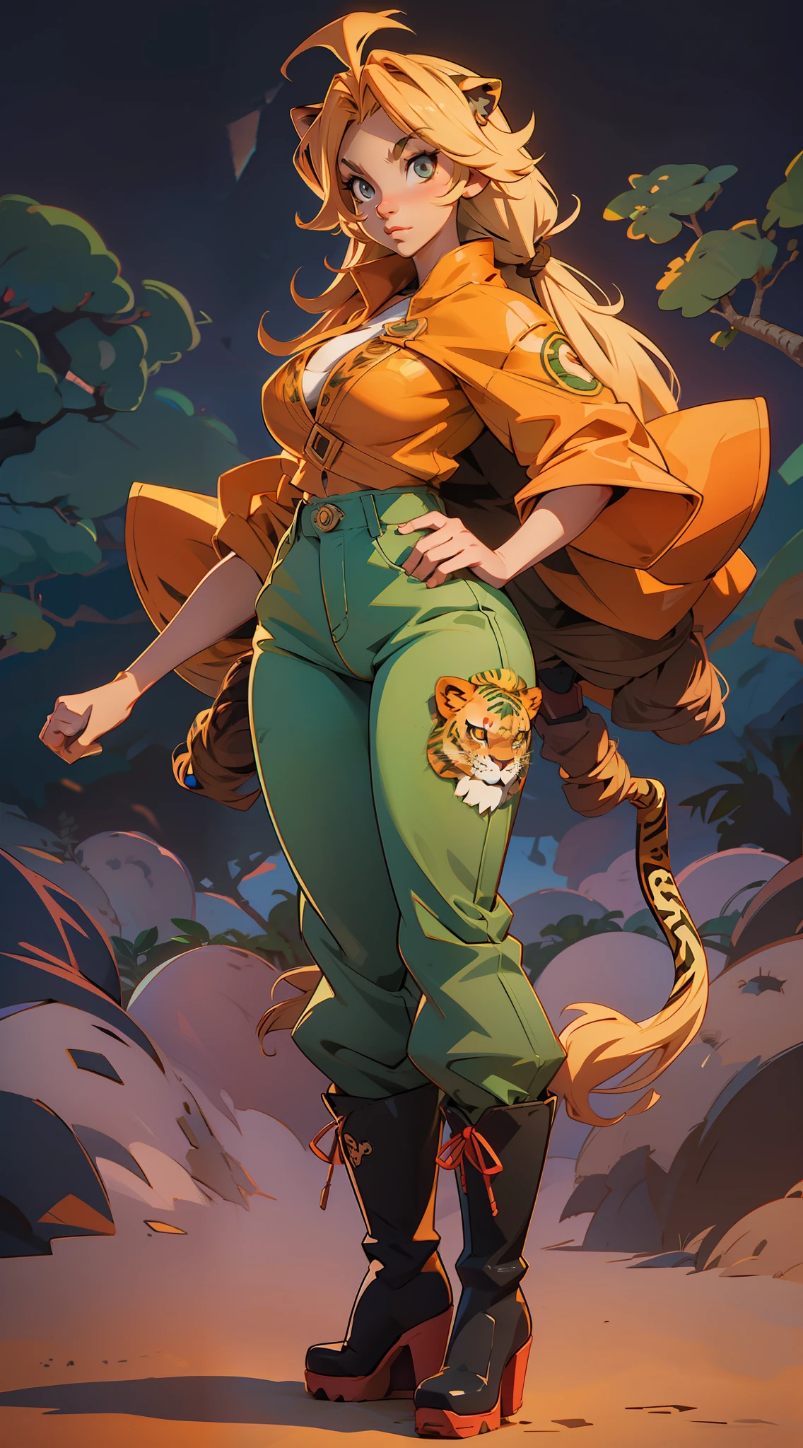 anime waifu lion, plush clothes, big boots, perfect body, huge breasts , (((background african jungle)))